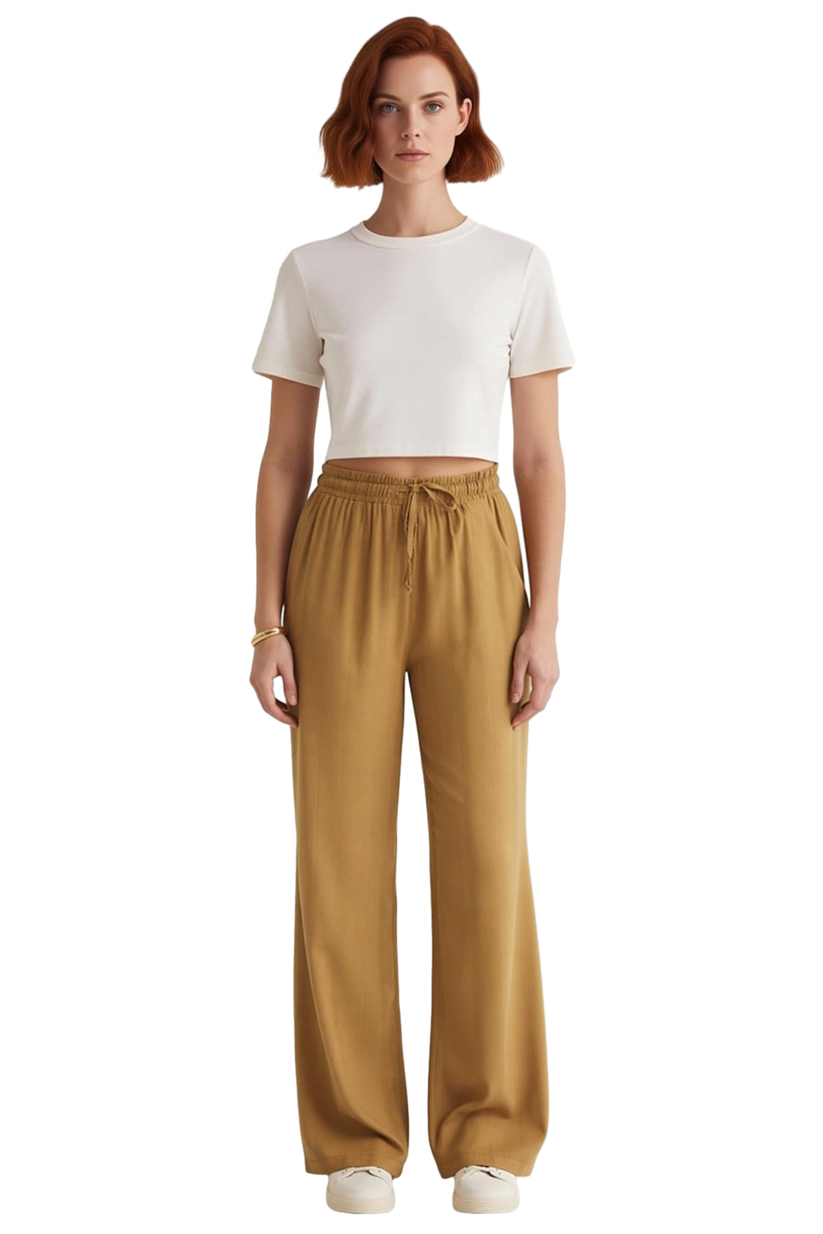 Kadın Wide Leg Jakarlı Beli Lastikli Keten Karışımlı Pantolon Fonksiyonel Dayanıklı Modern