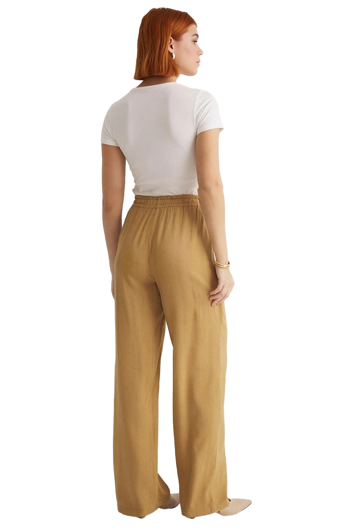 Kadın Wide Leg Jakarlı Beli Lastikli Keten Karışımlı Pantolon Fonksiyonel Dayanıklı Modern