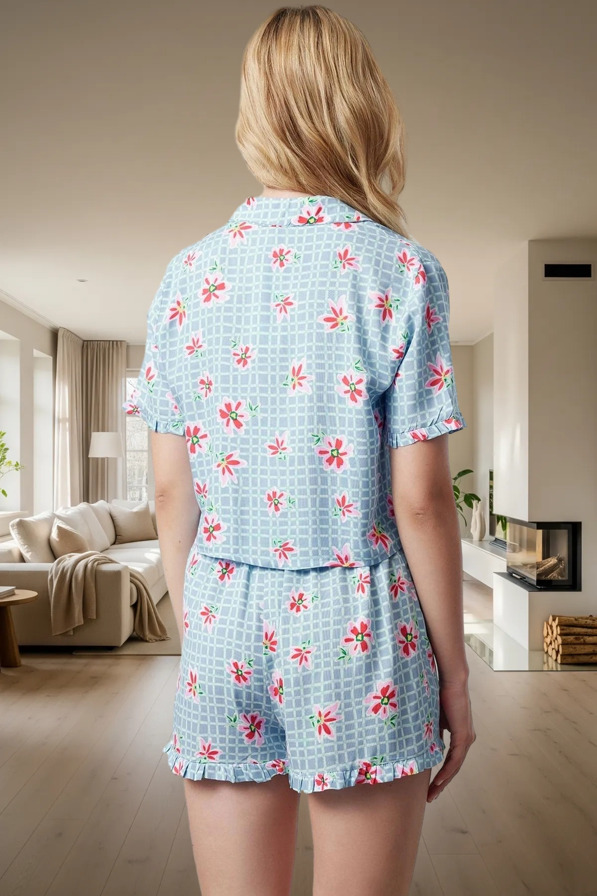Kadın Mint Çiçekli Gömlek Şort Pijama Takımı Fonksiyonel Dayanıklı Kaliteli Konforlu Rahat