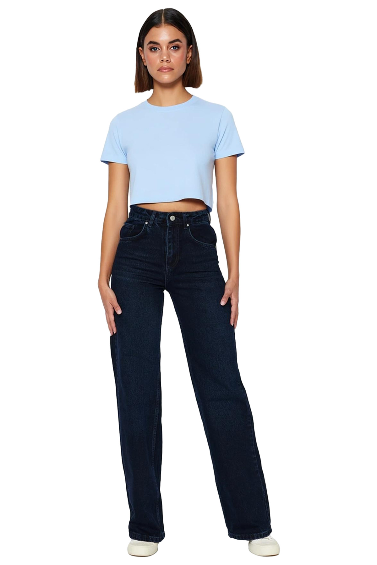 Kadın Yüksek Bel Geniş Paça Denim Pantolon Fonksiyonel Dayanıklı Kaliteli Konforlu Estetik