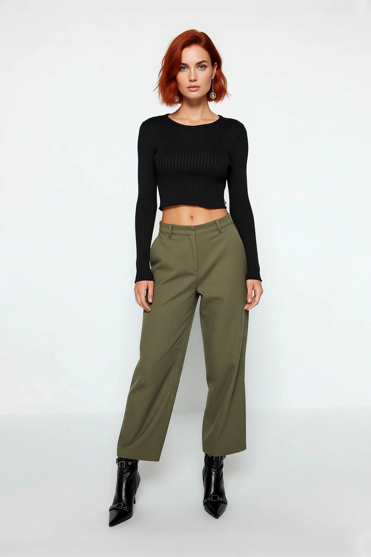 Kadın Fitted Super Crop Bisiklet Yaka Uzun Kollu Fitilli Triko Bluz Yan Detaylı İlkbahar Sonbahar