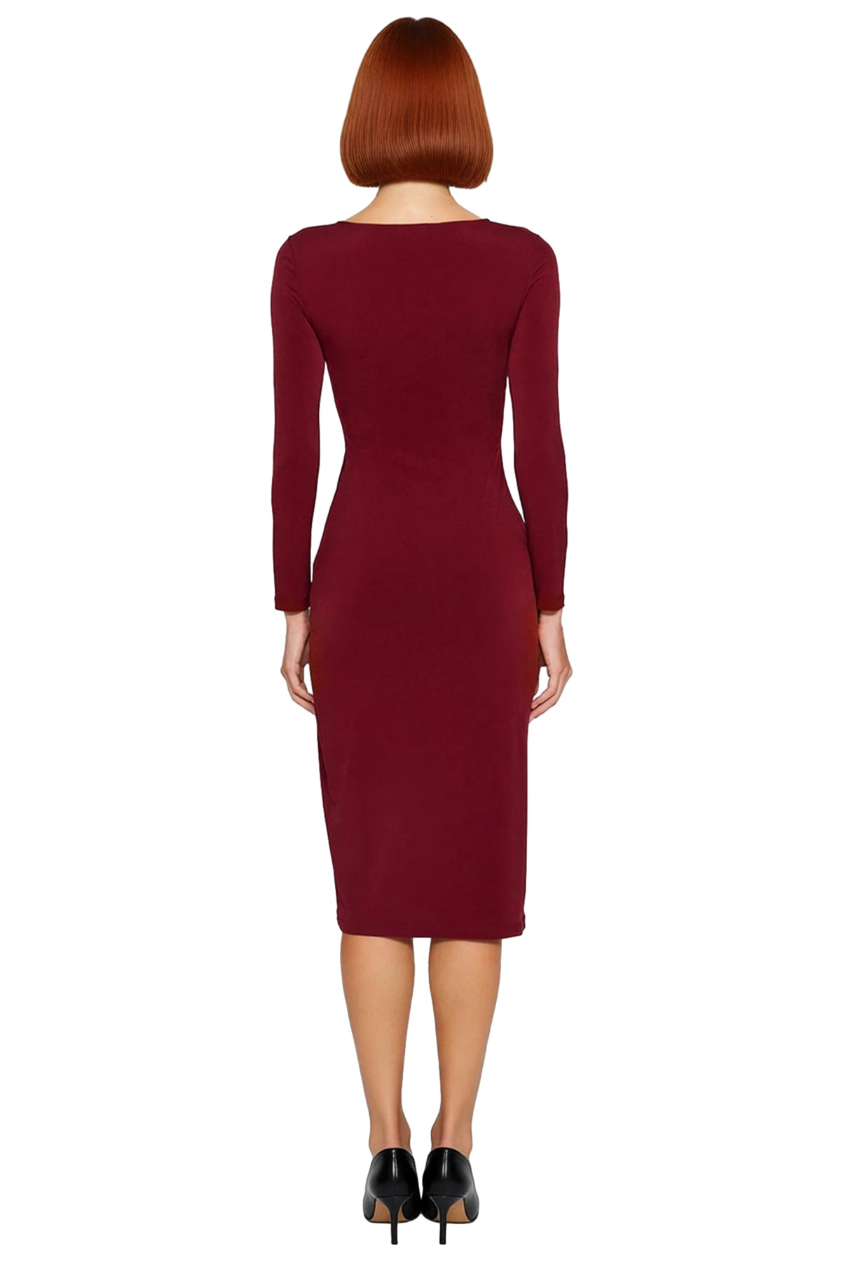 Kadın Bodycon Uzun Kollu Asimetrik Yaka Yırtmaçlı Midi Örme Elbise Özel Günler İçin Şık Ve Modern