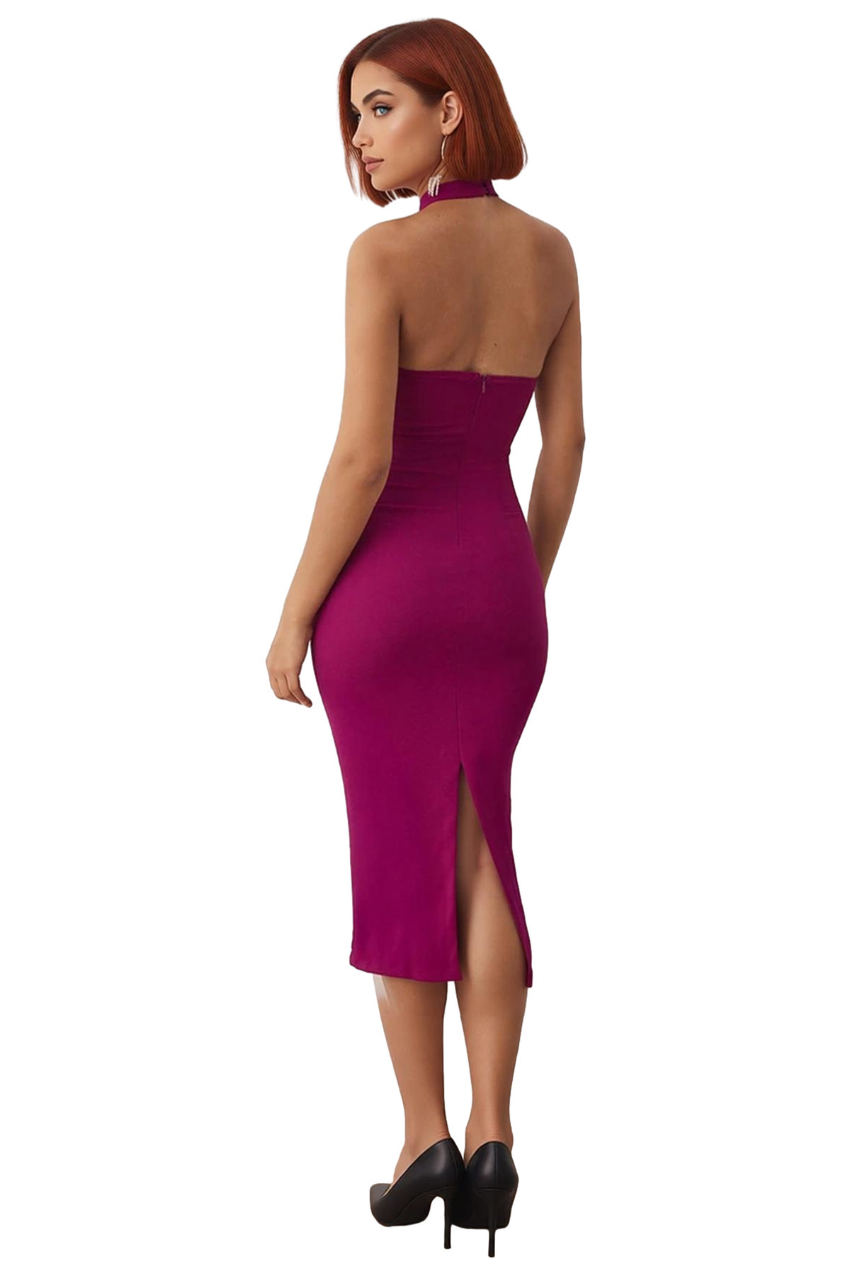 Kadın Vücudu Saran Bodycon Midi Elbise Kalın Askılı Kare Yaka Taş Detaylı Şık Gece Kokteyl
