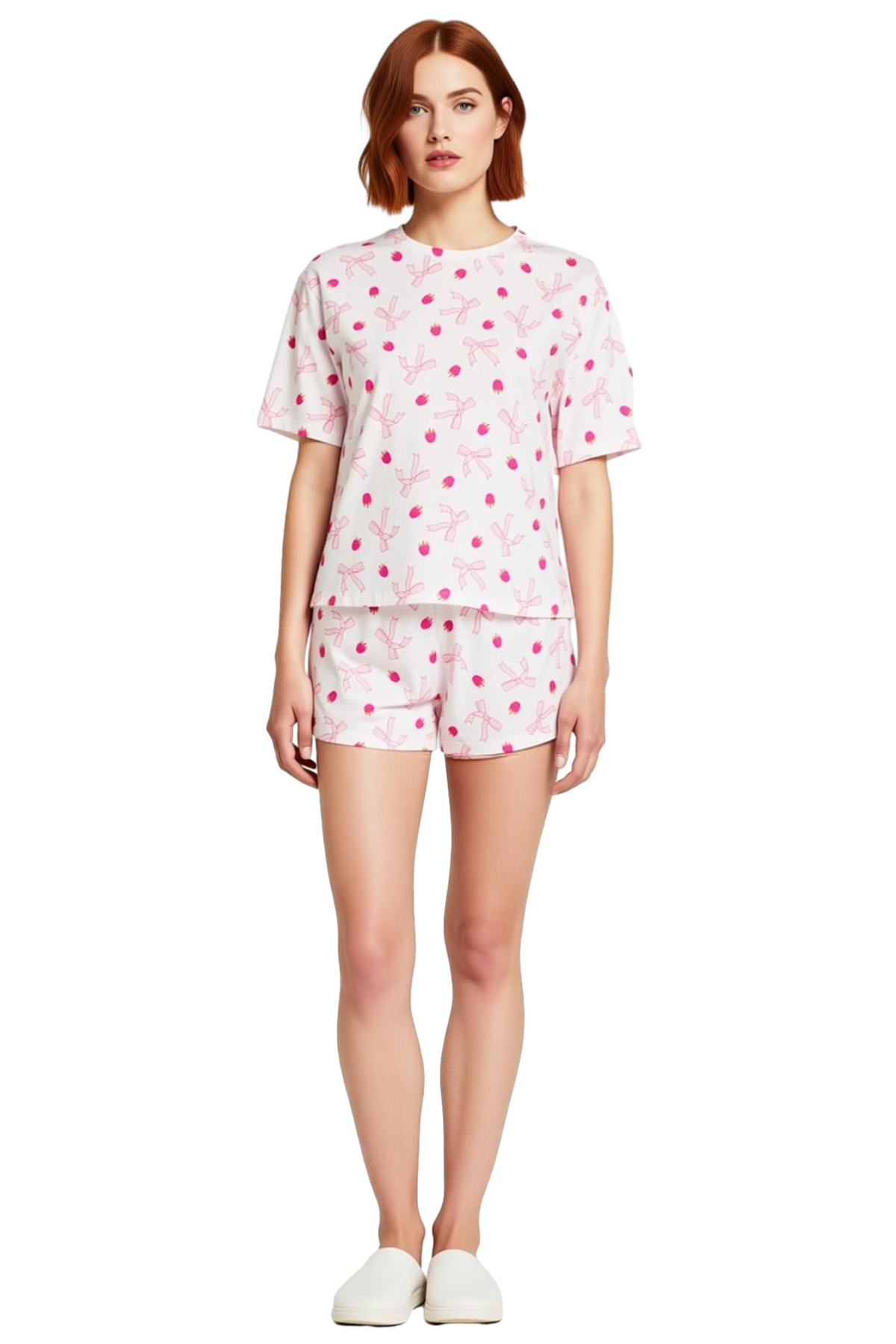 Kadın Pamuklu Pijama Takımı Kurdele Desenli Rahat Yazlık Homewear Şık Görünüm Modern Stil