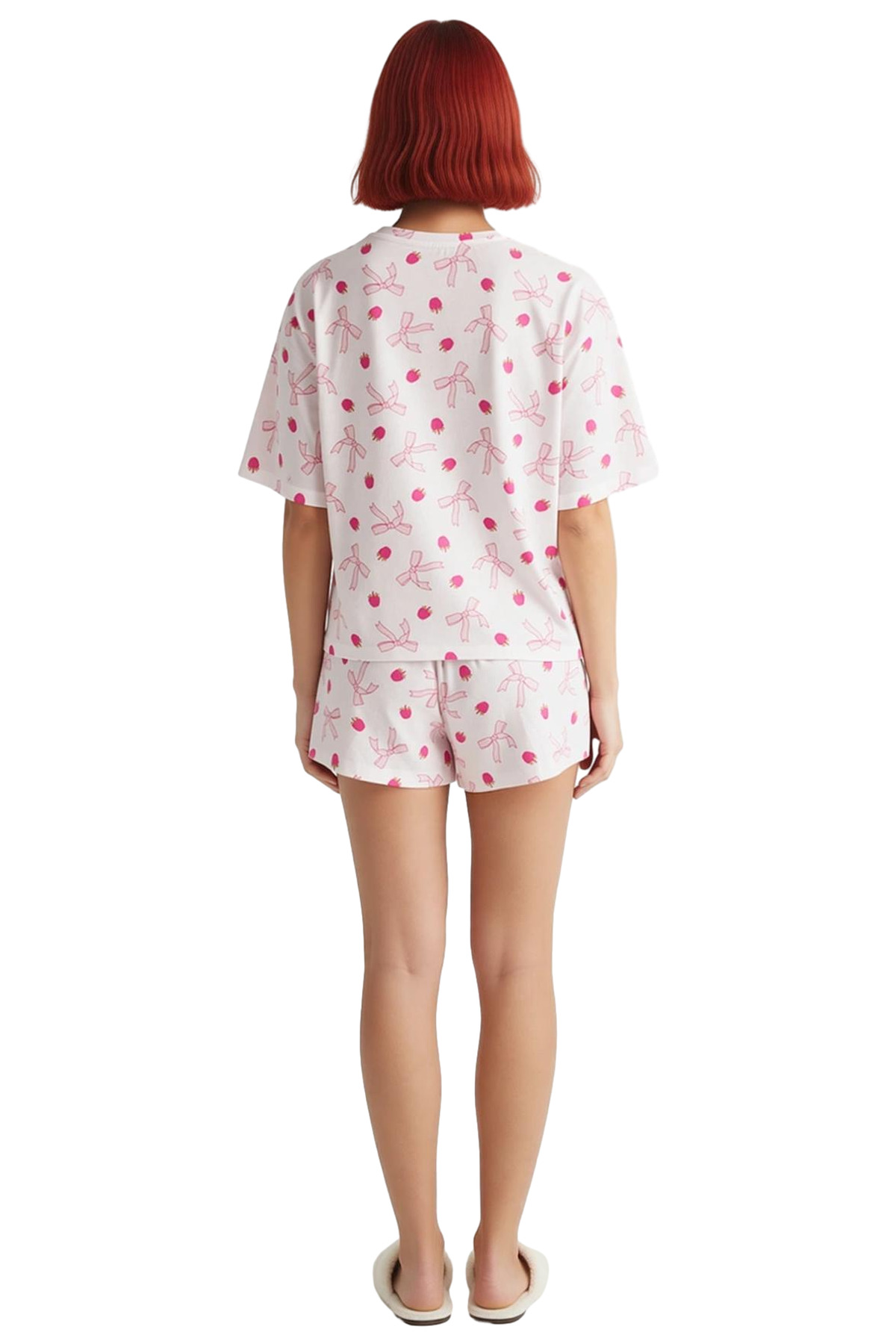 Kadın Pamuklu Pijama Takımı Kurdele Desenli Rahat Yazlık Homewear Şık Görünüm Modern Stil
