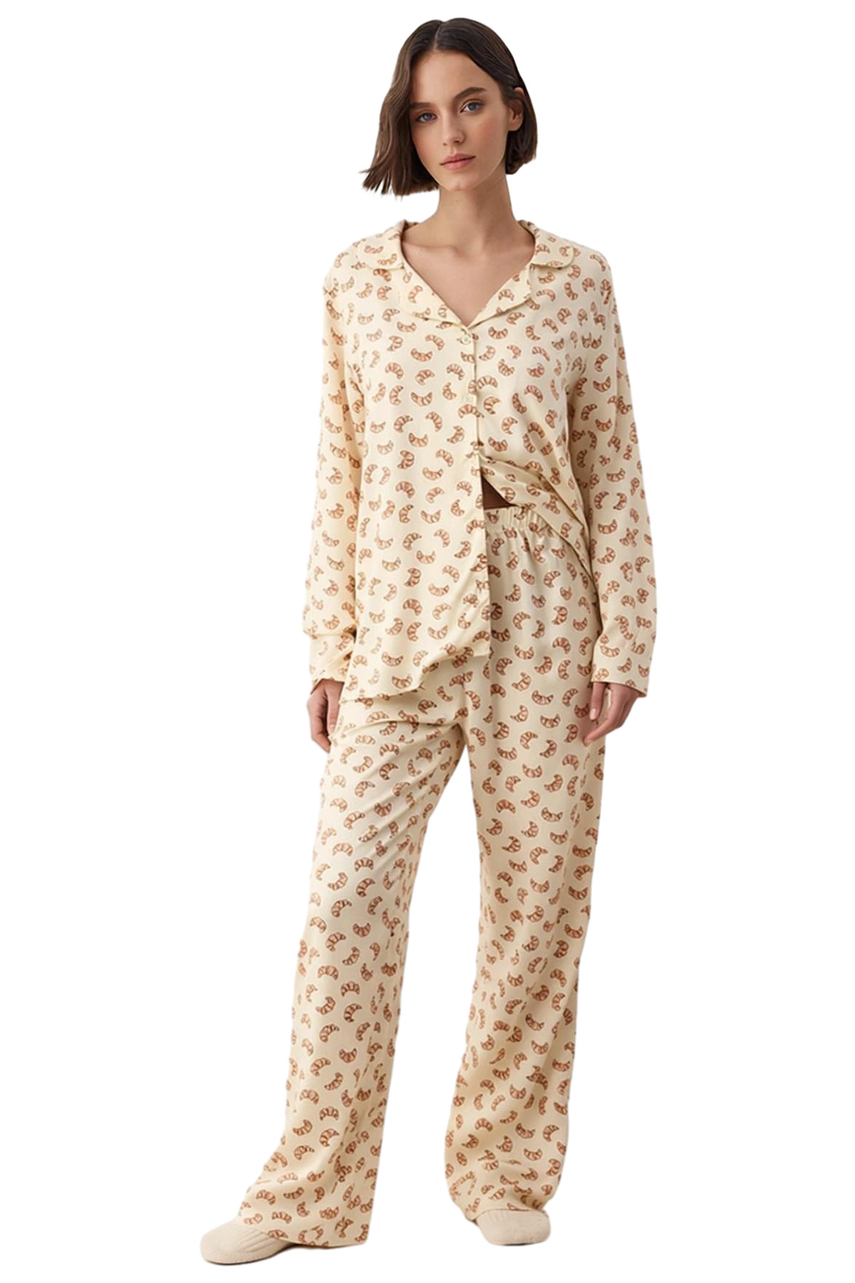 Kadın Kruvasan Desenli Viskon Pijama Takımı Uzun Kollu Gömlek ve Pantolon Fonksiyonel Spor