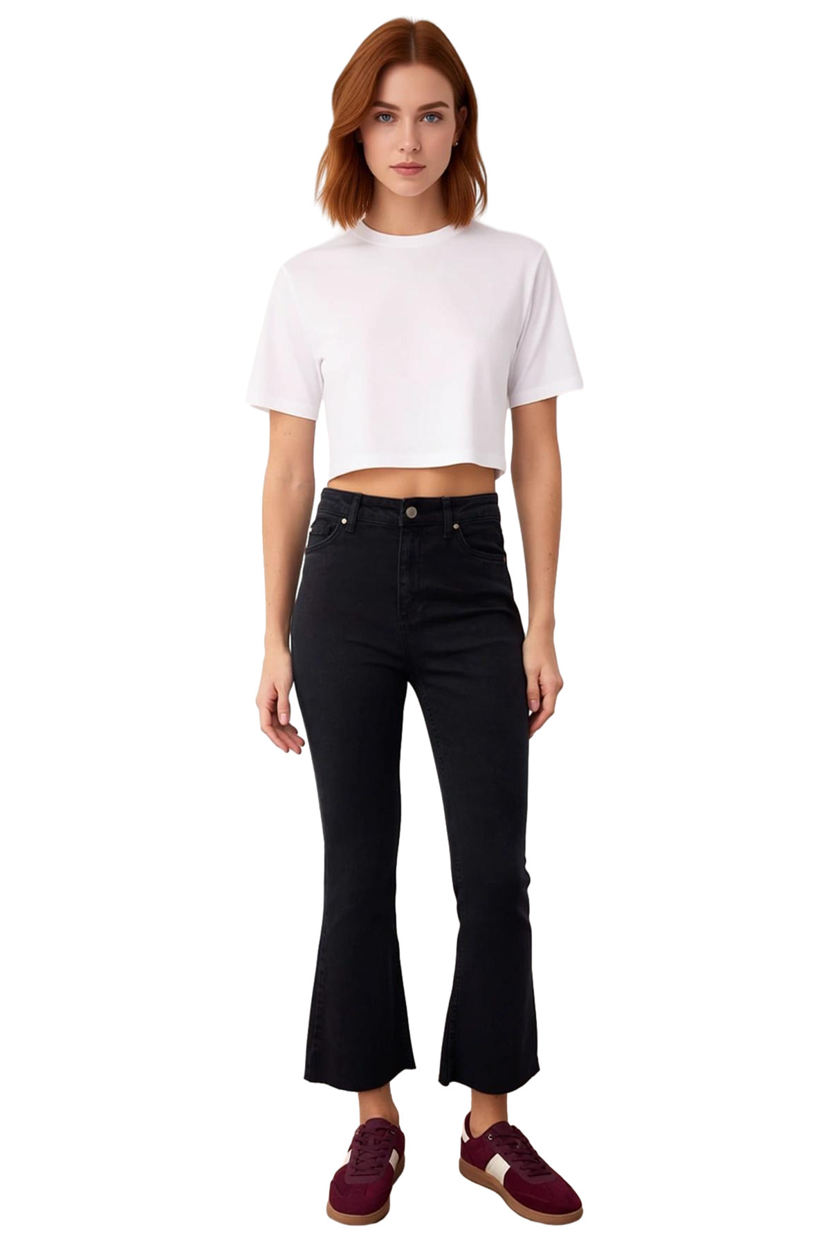 Kadın Moda Yüksek Bel Geniş Paça Denim Flare Jean Kemersiz Casual Günlük Mevsimlik Kullanım