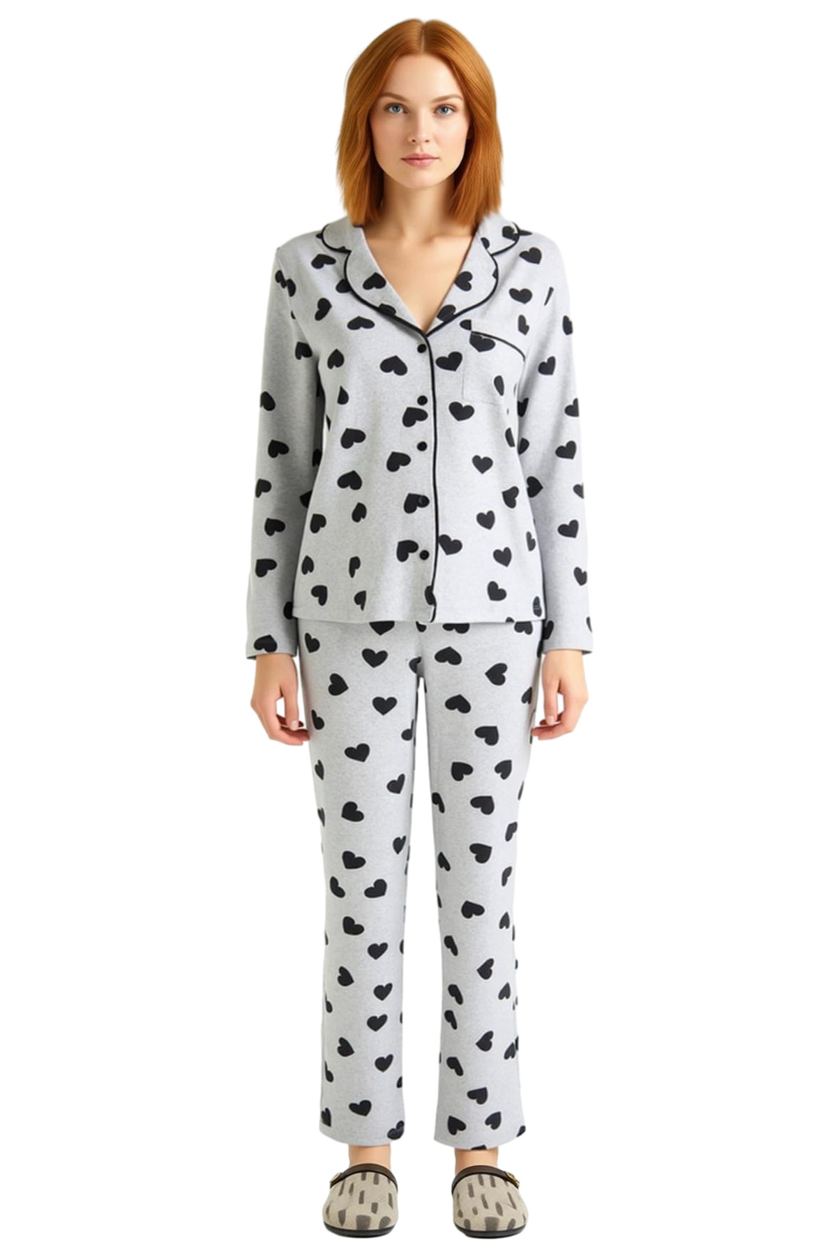 Kadın Kalp Desenli Gömlek Pantolon Pijama Takımı Fonksiyonel Dayanıklı Kaliteli Konforlu Şık