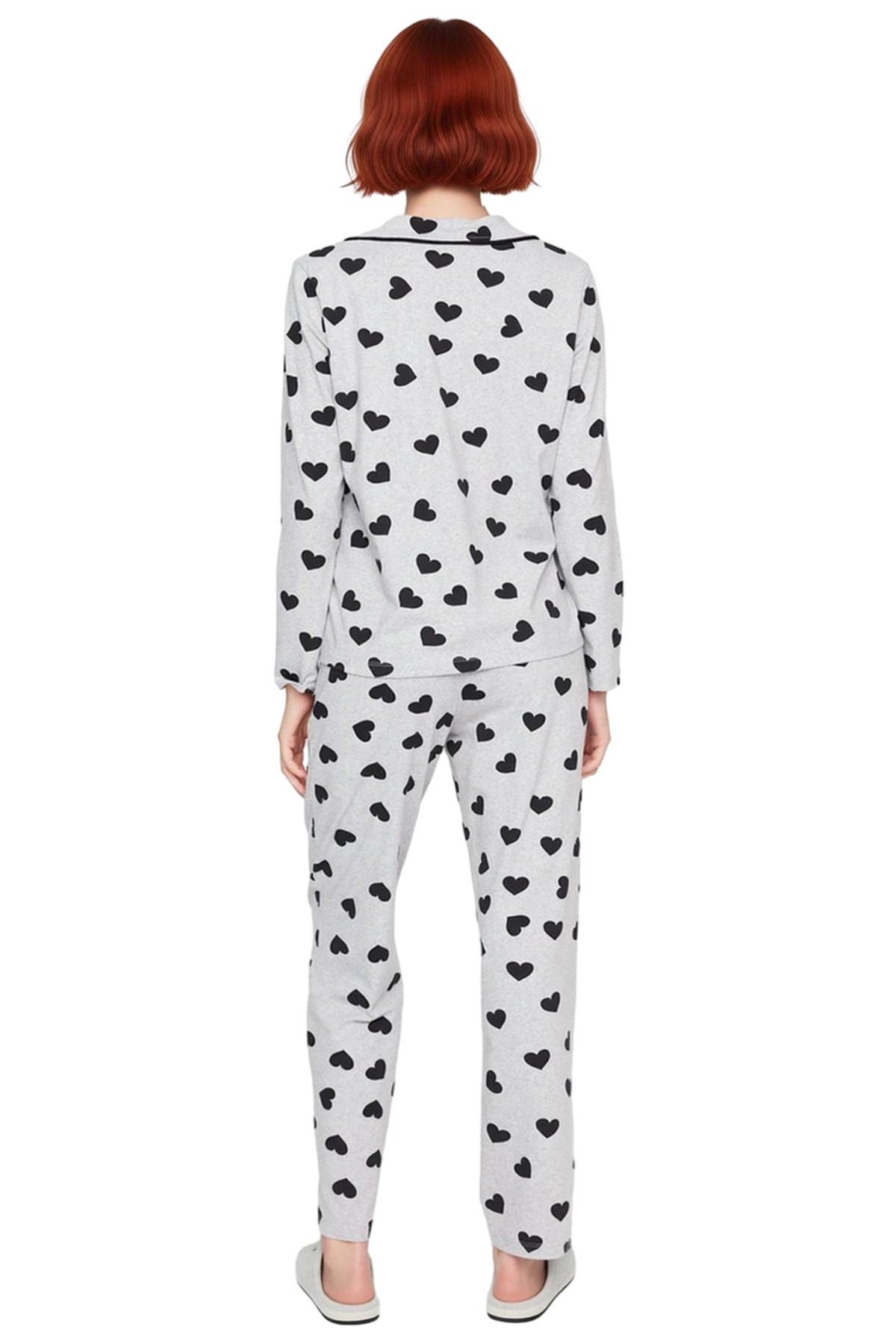 Kadın Kalp Desenli Gömlek Pantolon Pijama Takımı Fonksiyonel Dayanıklı Kaliteli Konforlu Şık