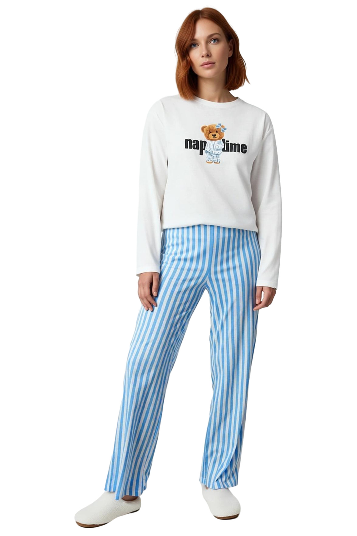 Kadın Pamuklu Uzun Kollu Çizgili Pijama Takımı Rahat Ev Giyim Seti Modern Stil Kullanım