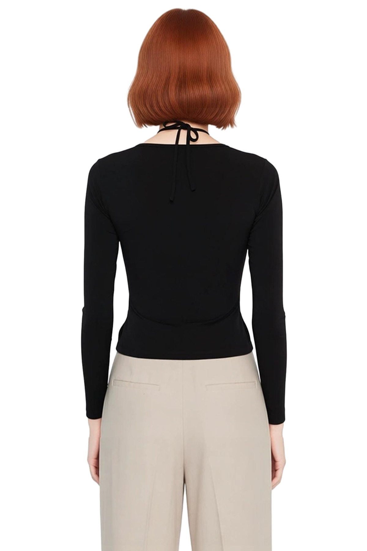 Kadın Slim Fit Boyundan Bağlamalı Esnek Örme Bluz Uzun Kollu Smart Basic Kesim Günlük ve Gece
