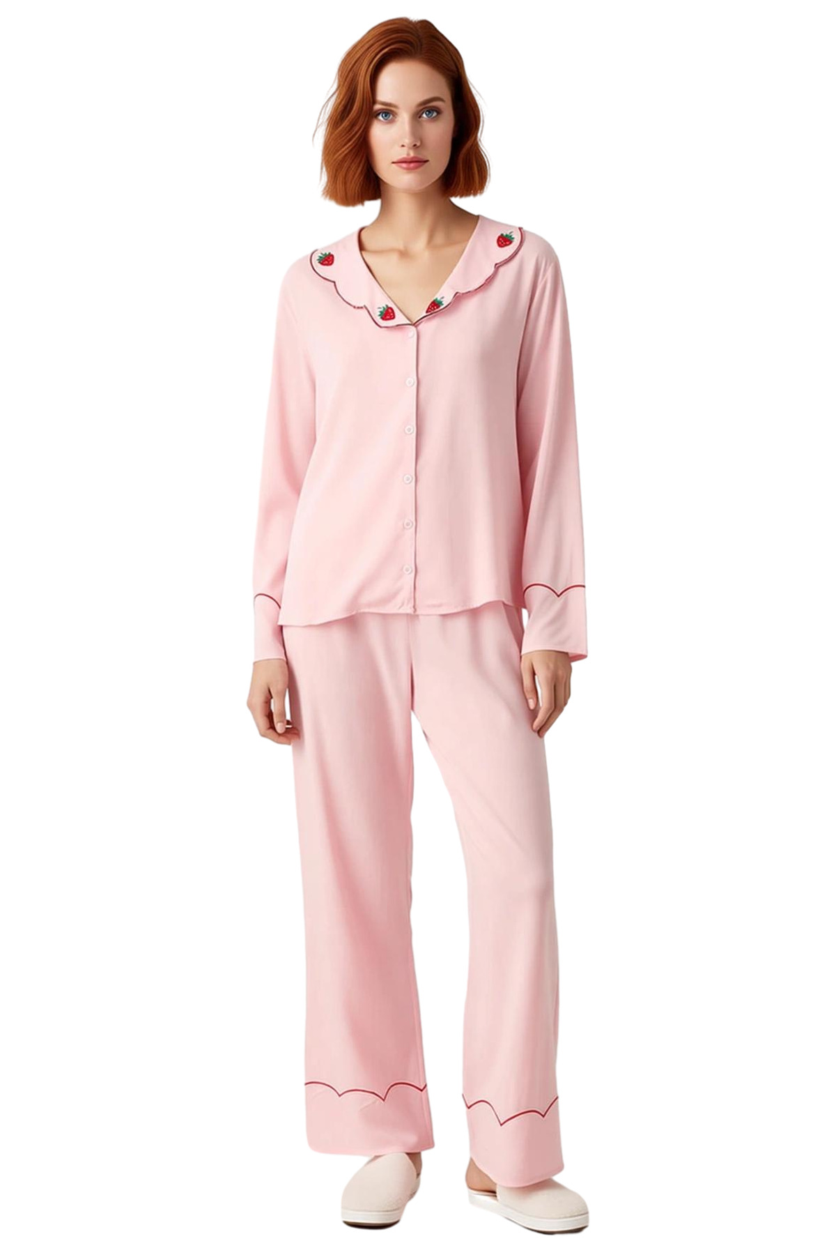 Kadın Çilek Nakışlı Viskon Gömlek Yaka Pijama Takımı Fonksiyonel Dayanıklı Kaliteli Modern