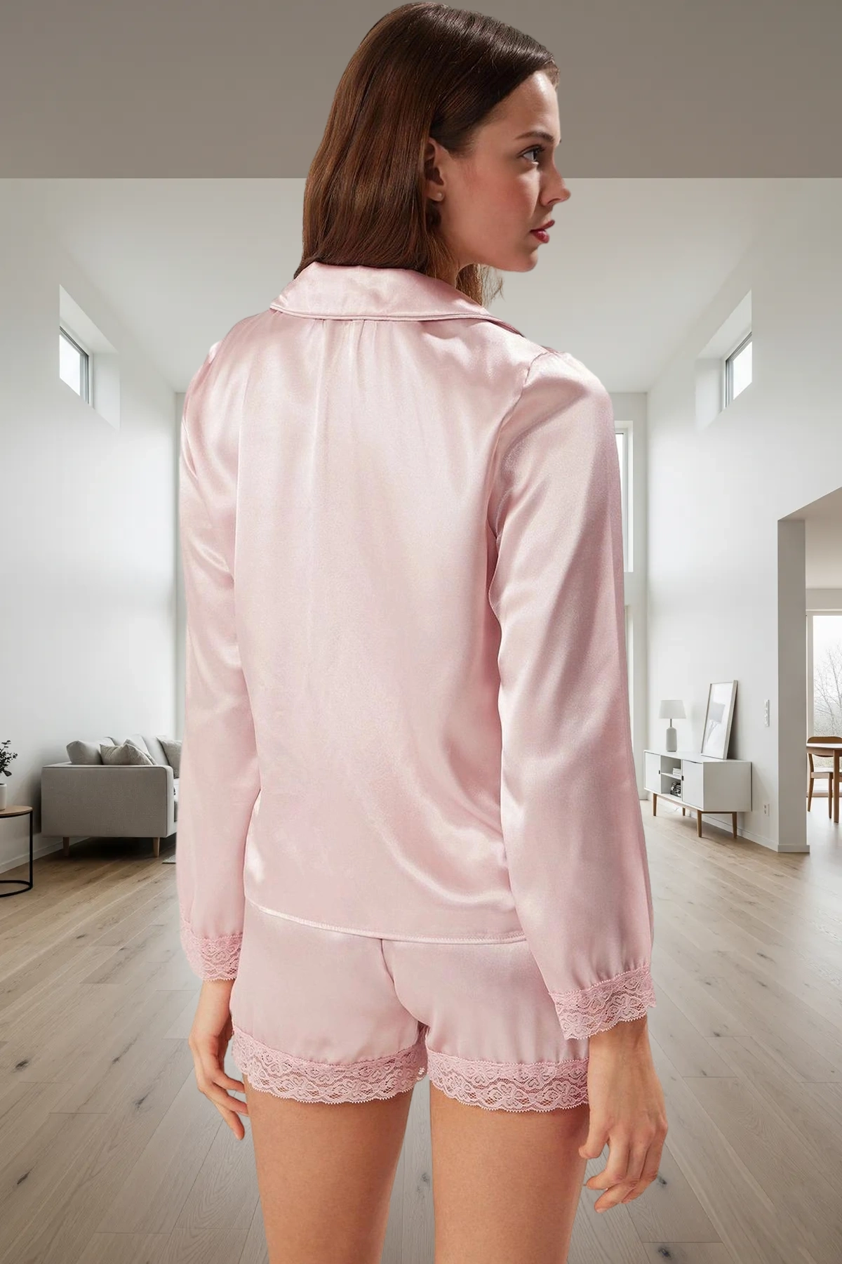 Kadın Saten Pijama Takımı Dantel Detaylı Regular Kalıp Uzun Ömürlü Günlük Kullanım İçin