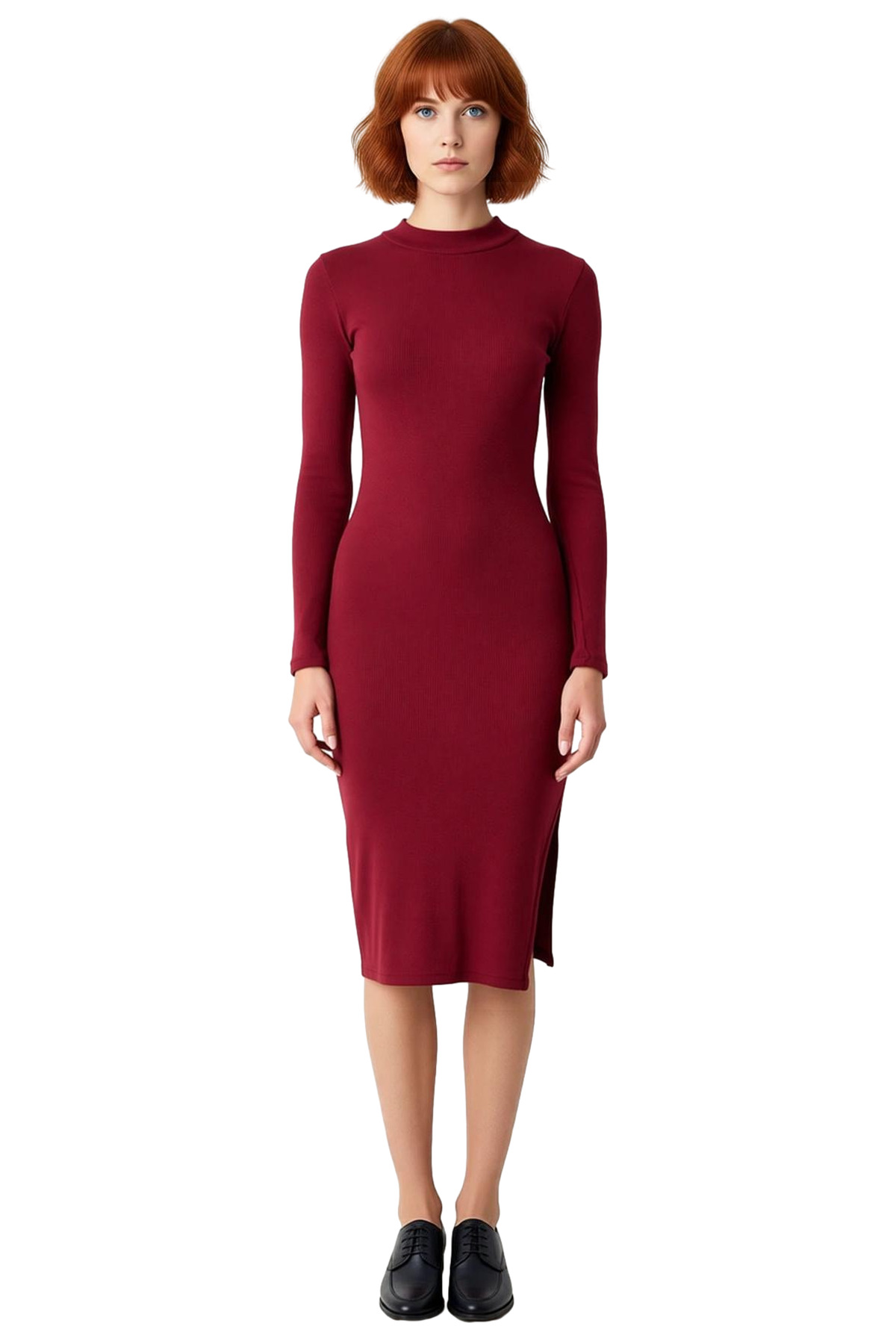 Kadın Bodycon Kesim Dik Yaka Uzun Kollu Midi Yırtmaçlı Rejenere Kaşkorse Elbise Şık Görünüm Sunar