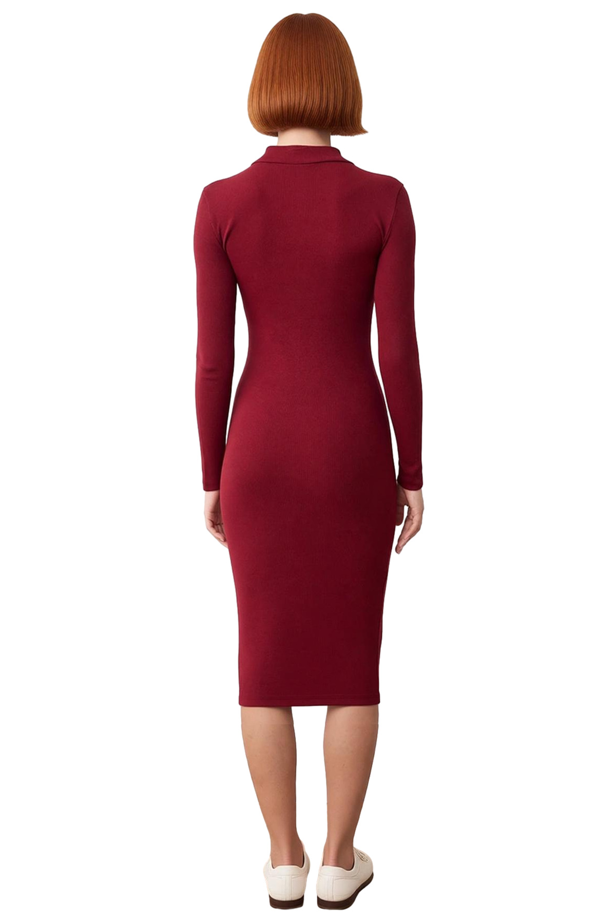 Kadın Bodycon Kesim Dik Yaka Uzun Kollu Midi Yırtmaçlı Rejenere Kaşkorse Elbise Şık Görünüm Sunar