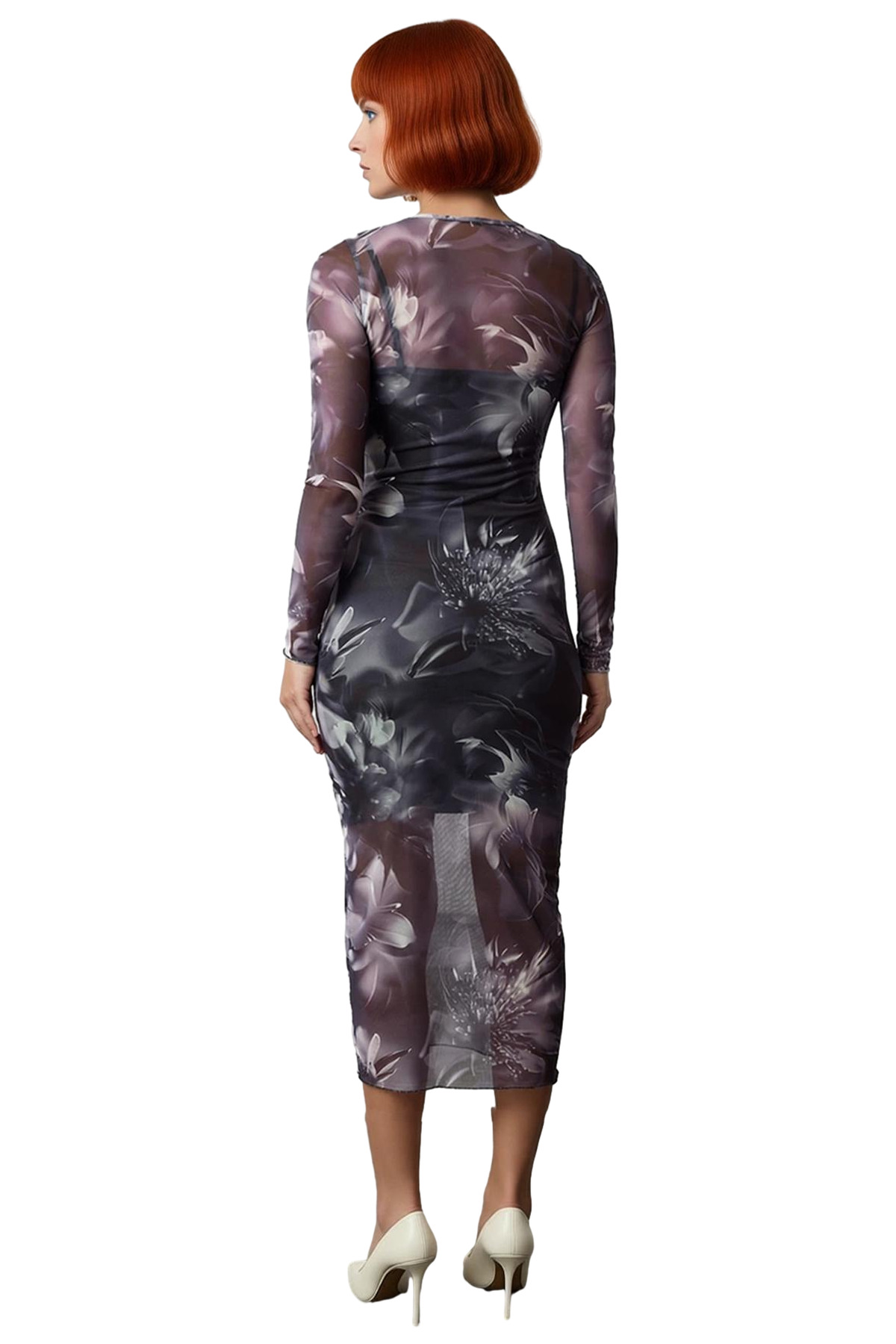 Kadın Bodycon Örme Midi Elbise Astarlı Tül Kumaş Uzun Kollu Bisiklet Yaka Desenli Şık Tasarım