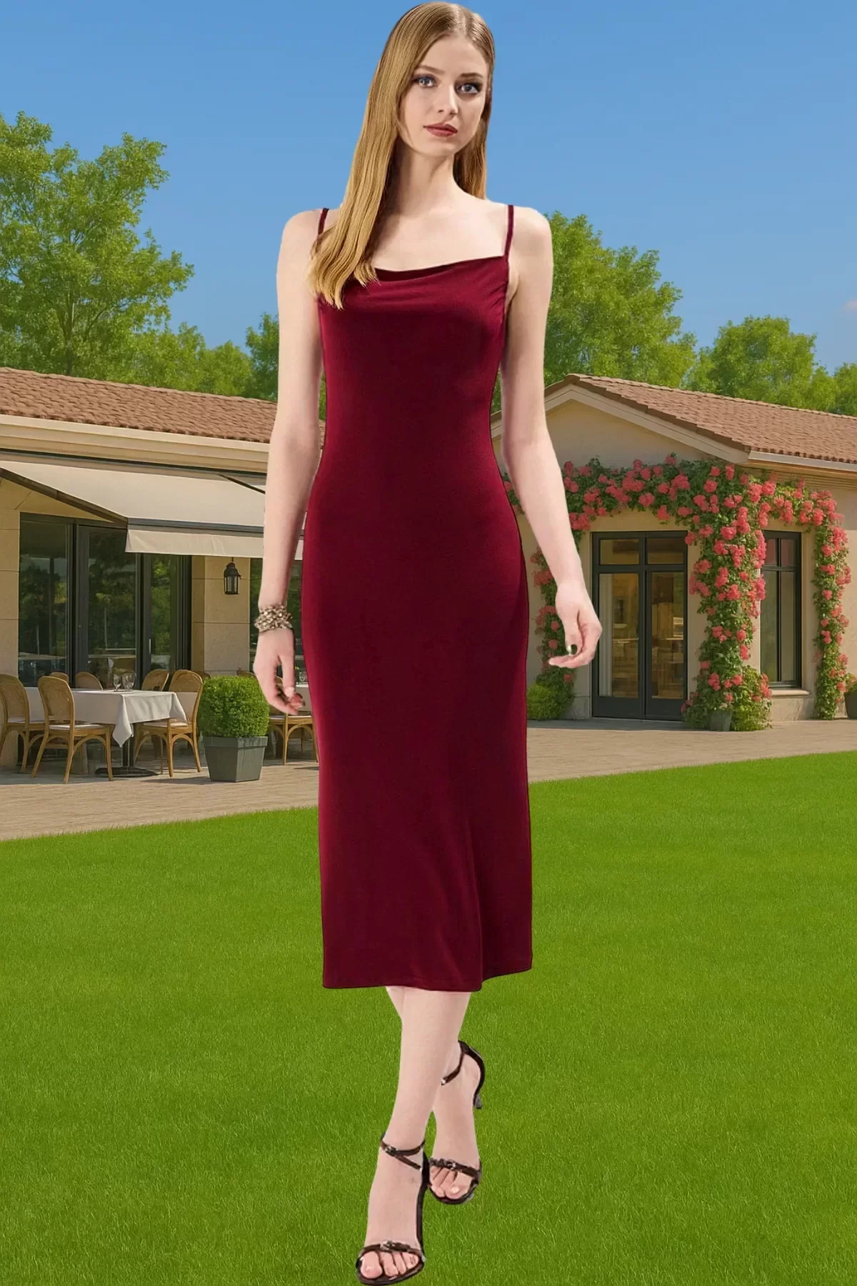 Kadın Midi Boy Bodycon Elbise İnce Askılı Degaje Yaka Rahat Şık Günlük Yaz Aylarının Vazgeçilmezi