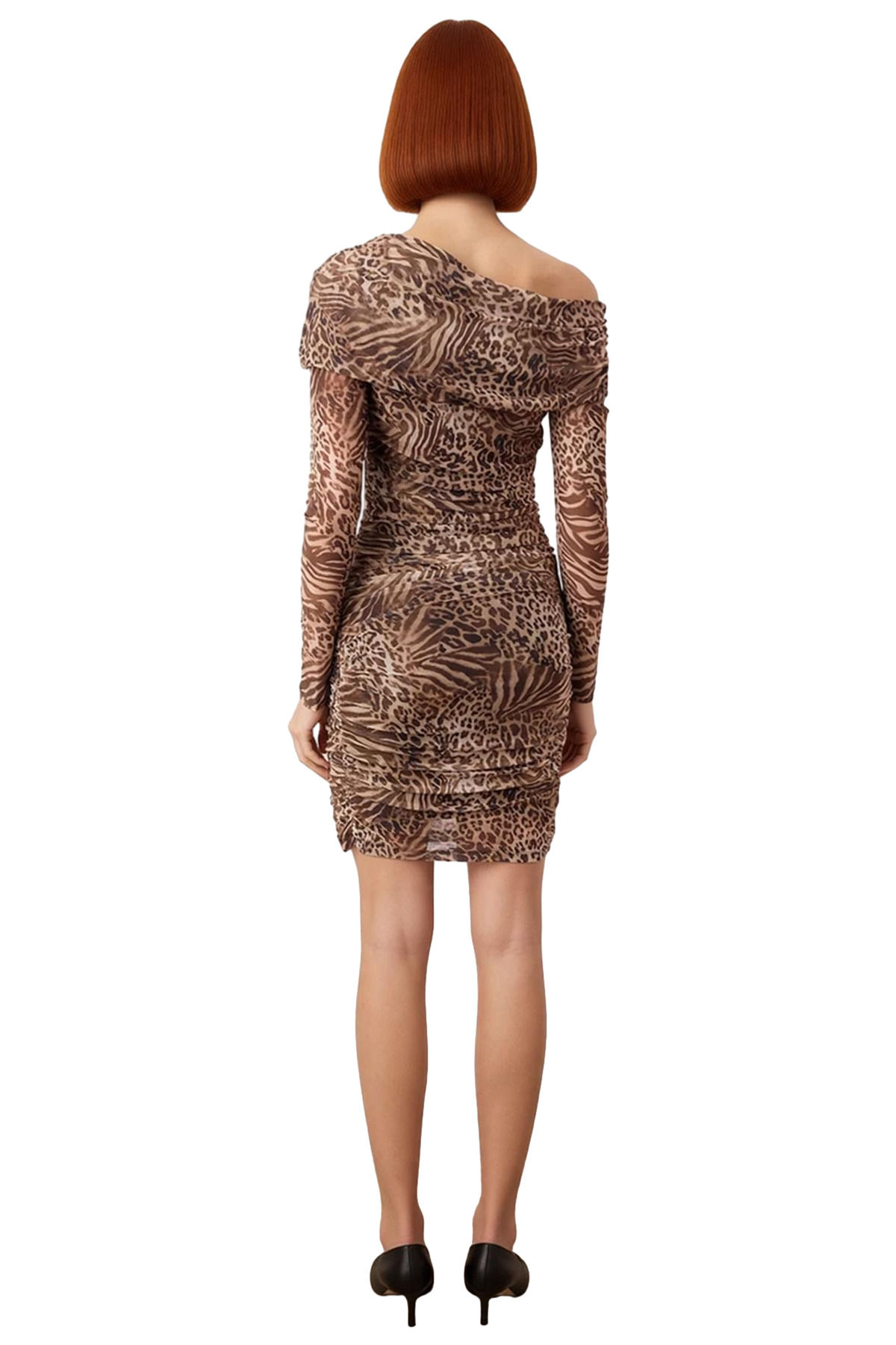 Kadın Bodycon Asimetrik Yaka Tek Kol Mini Tül Elbise Animal Deseniyle Özel Davetlerin Gözdesi
