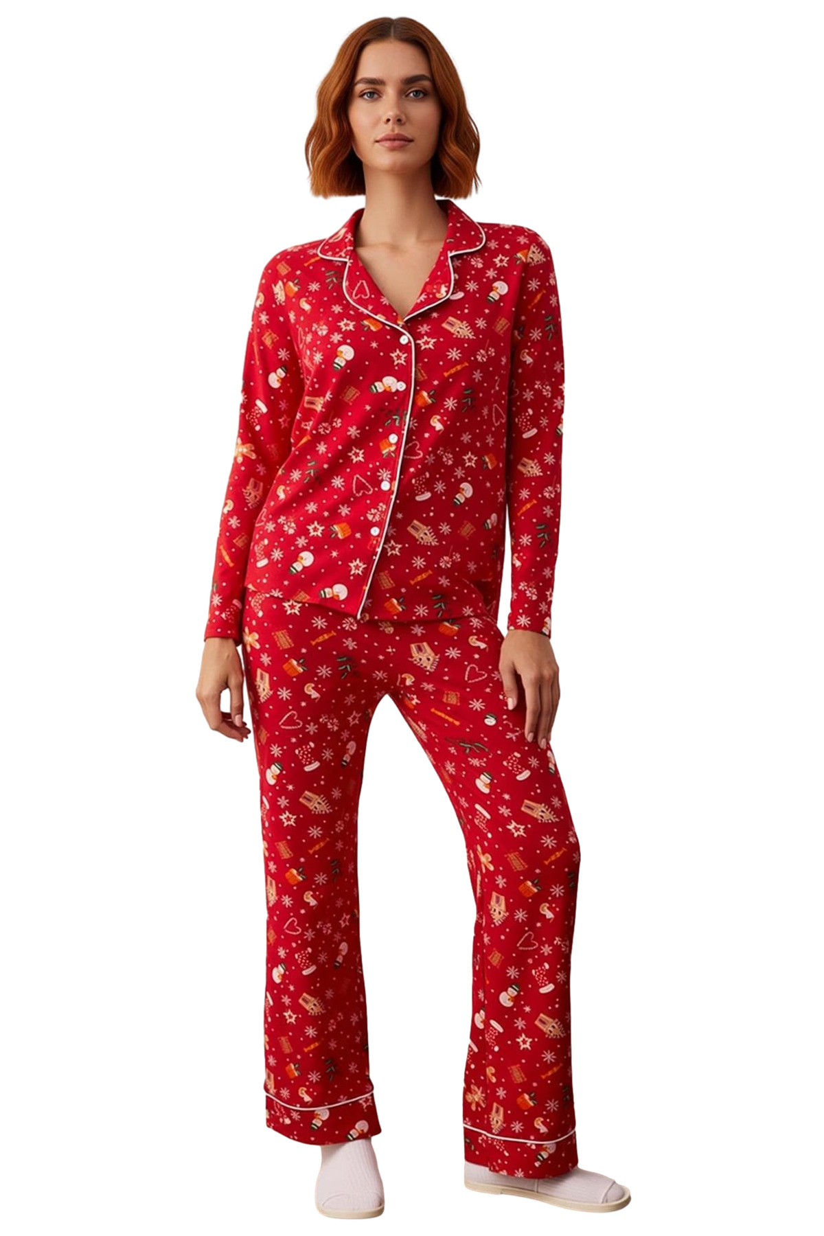 Kadin Kirmizi Yılbaşı Temali Gömlek Yaka Pijama Takımı Fonksiyonel Dayanıklı Kaliteli Spor