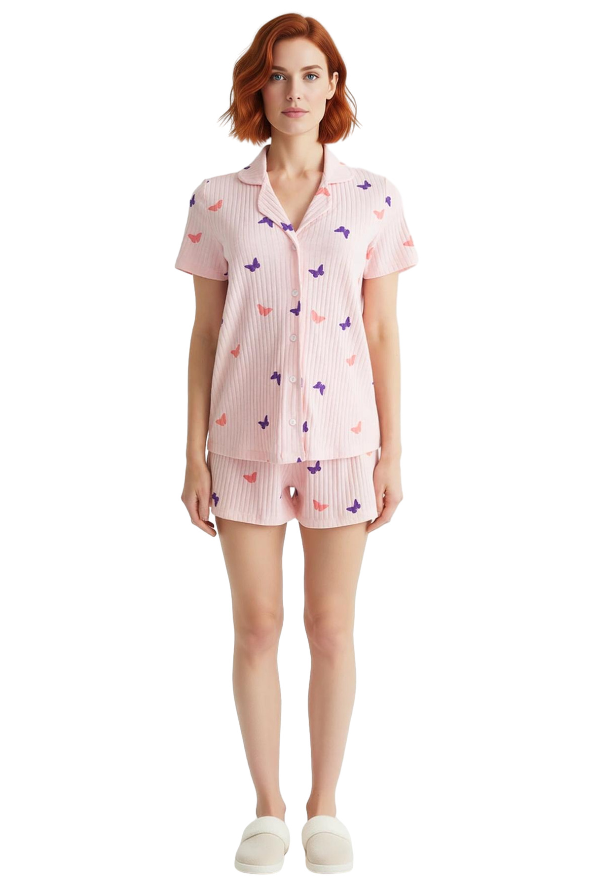 Kadın Yazlık Kısa Kollu Kelebek Desenli Pijama Takımı Özenle Seçilmiş Rahat Ve Şık Konforlu Kesim