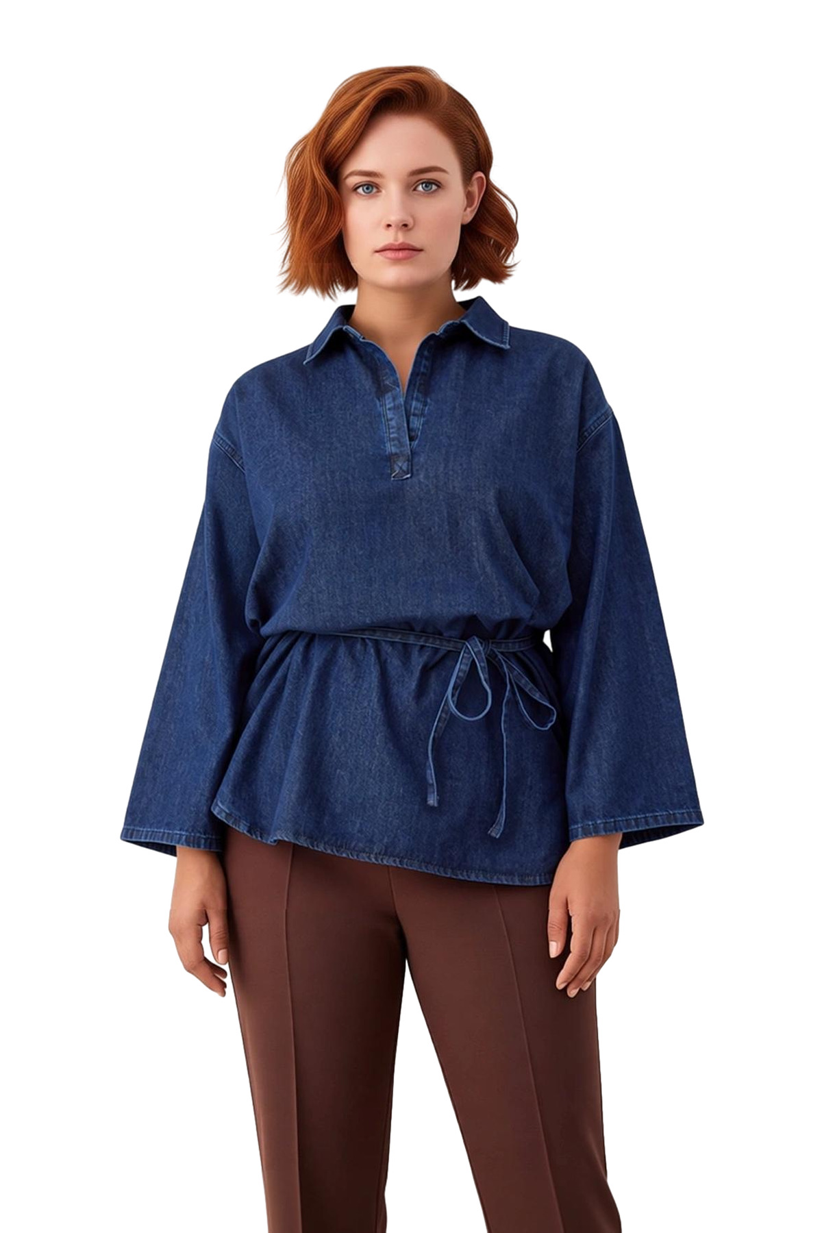 Kadın Oversize Bol Kesim Denim Gömlek Bağlama Detaylı Şehir Stili Konforlu Ve Modern Giyim Seçeneği