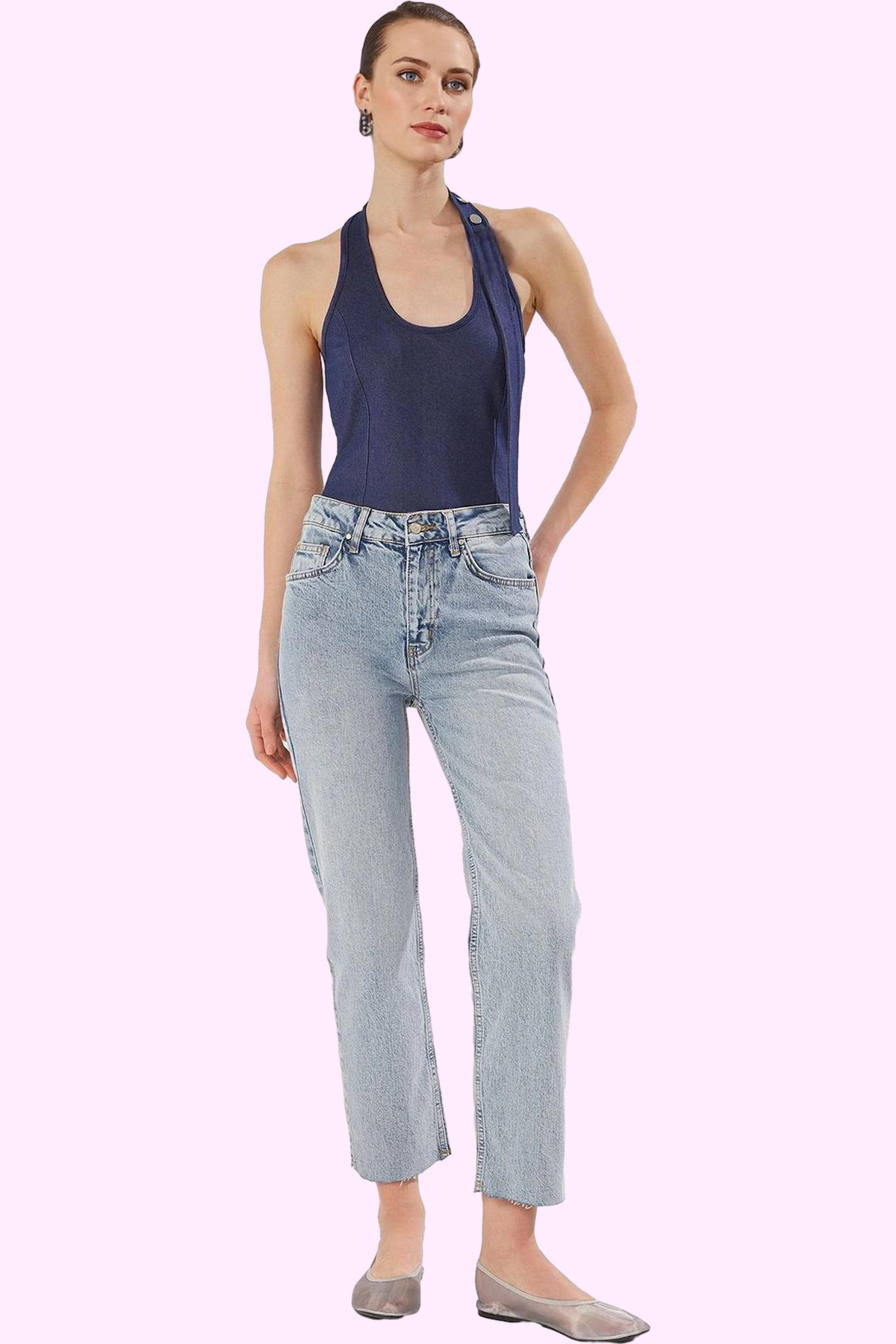 Kadın Moda Uzun Boy Straight Jean Denim Pantolon Düz Desen Günlük Kombinler Mevsimlik Kullanım