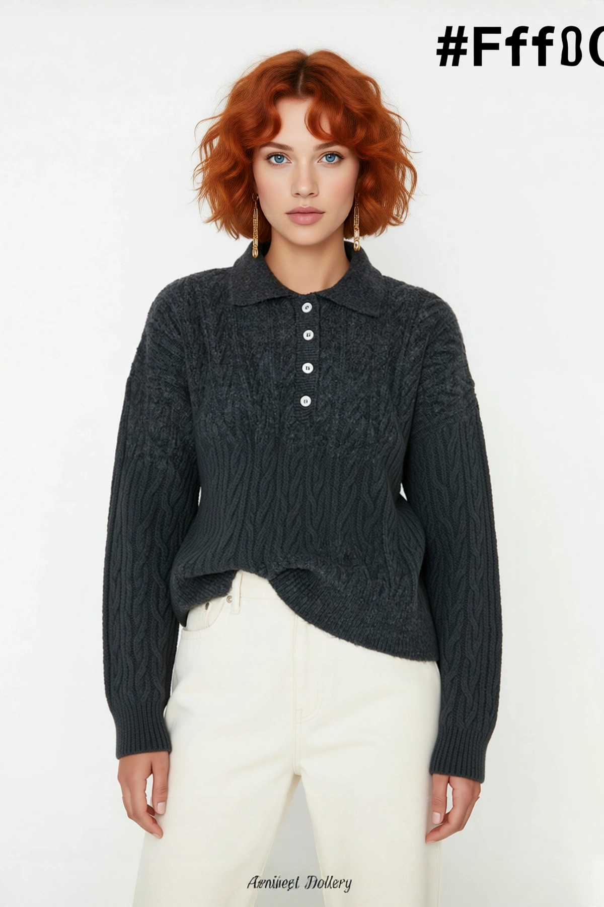 Kadın Oversize Saç Örgü Polo Yaka Triko Kazak Düşük Uzun Kollu Kışlık Rahat Basic Şıklık Kaliteli