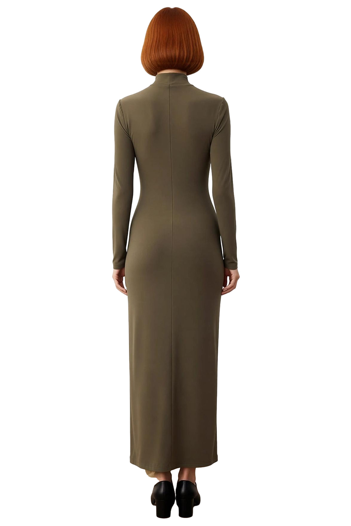 Kadın Bodycon Dik Yaka Maxi Düz Asimetrik Örme Elbise Karyoka Dikiş Detaylı Kalın Sandy Kışlık