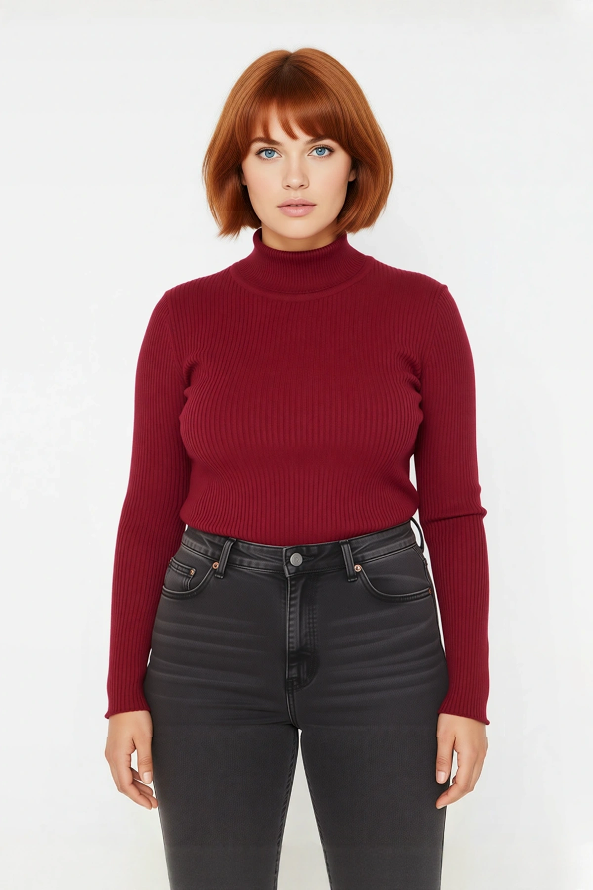 Kadın Fitted Dik Yaka Uzun Kollu Fitilli İnce Akrilik Triko Kazak Günlük Şıklık Sunar Modern Basic