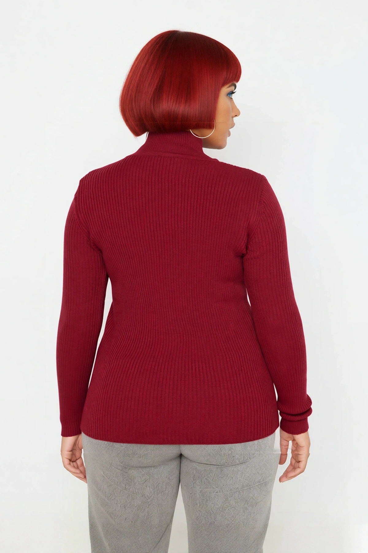 Kadın Fitted Dik Yaka Uzun Kollu Fitilli İnce Akrilik Triko Kazak Günlük Şıklık Sunar Modern Basic