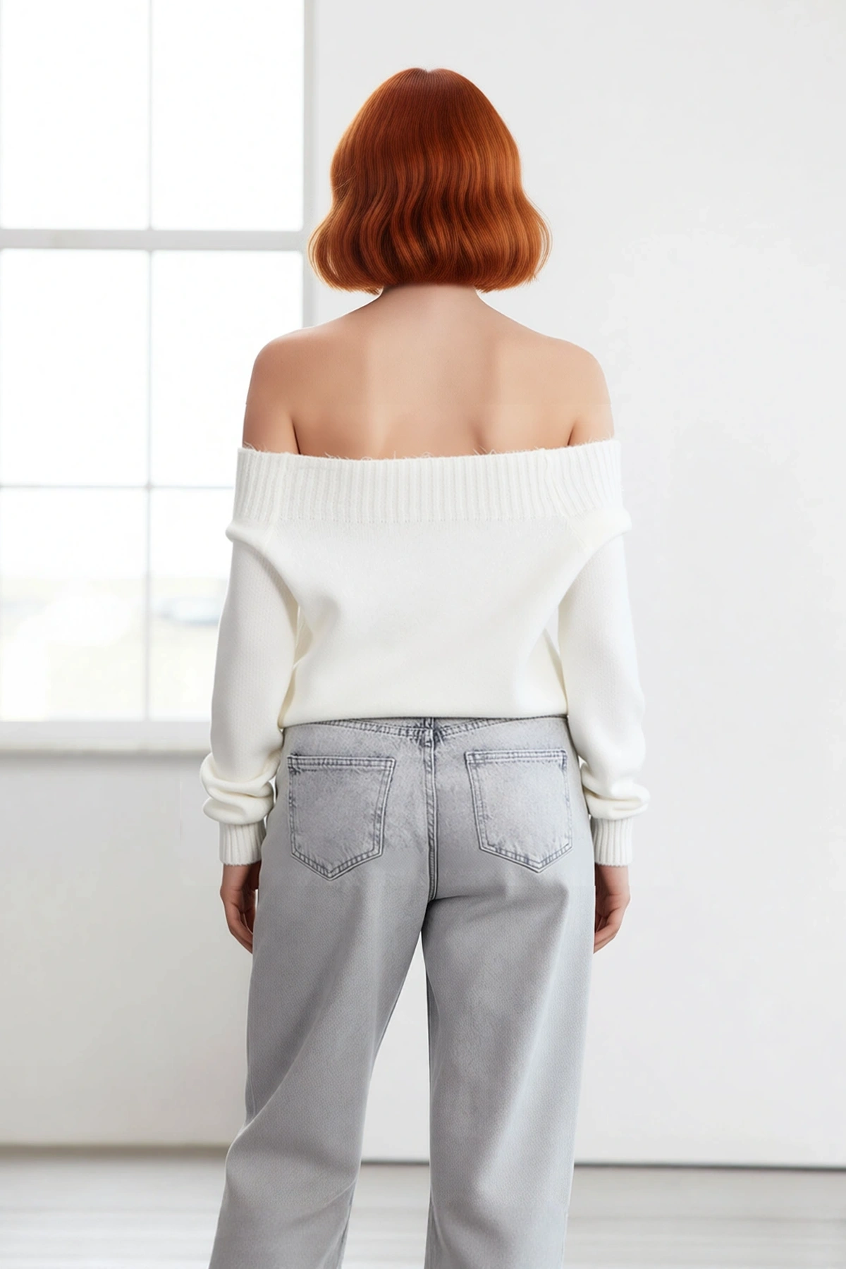 Kadın Oversize Boncuk İşlemeli Kayık Yaka Triko Kazak Omuz Açık Super Crop Şık Tasarım Kaliteli