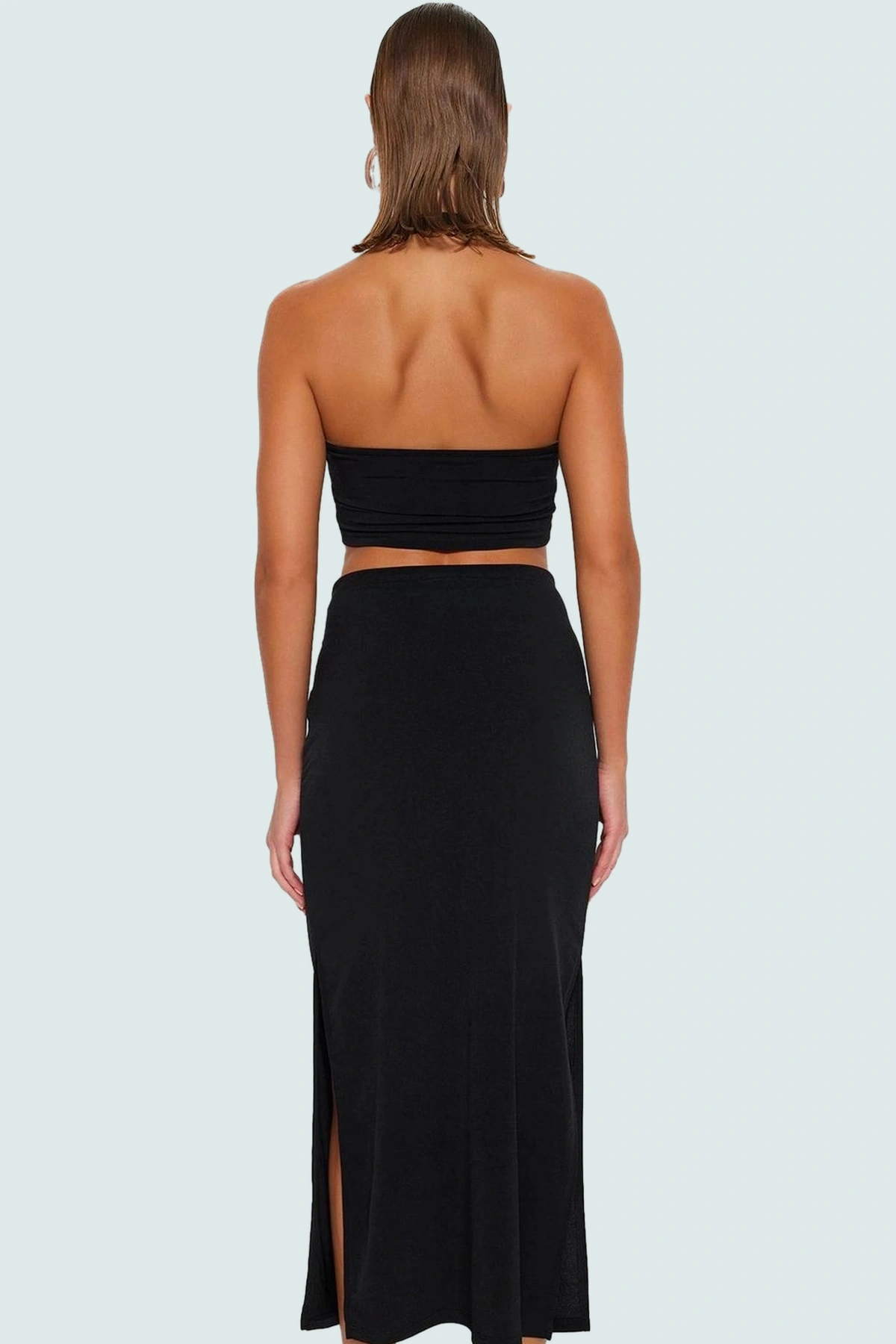 Şık V Yaka Fitted Örme Bluz Etek Plaj Takımı Görünüm Modern Stil Premium Kalite