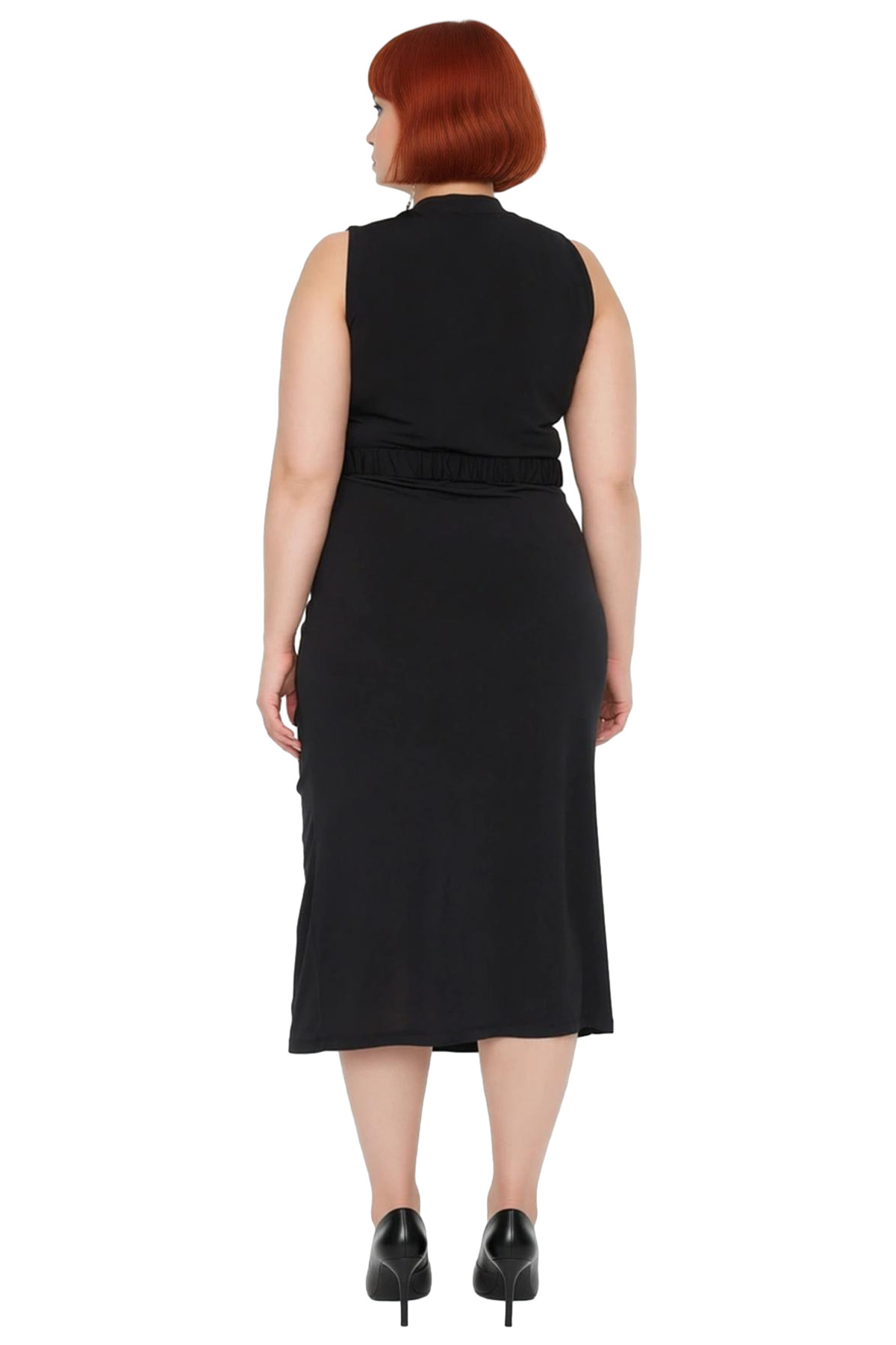 Kadın Bodycon Kesim Kolsuz Midi Elbise Düz Desen Örme Kumaş Detaylı İlkbahar Sonbahar Şıklığı