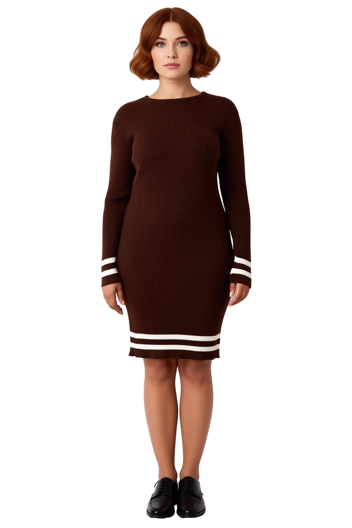 Kadın Bodycon Kesim Fitilli Triko Kazak Elbise Çizgili Detaylı Bisiklet Yaka Uzun Kollu Stil
