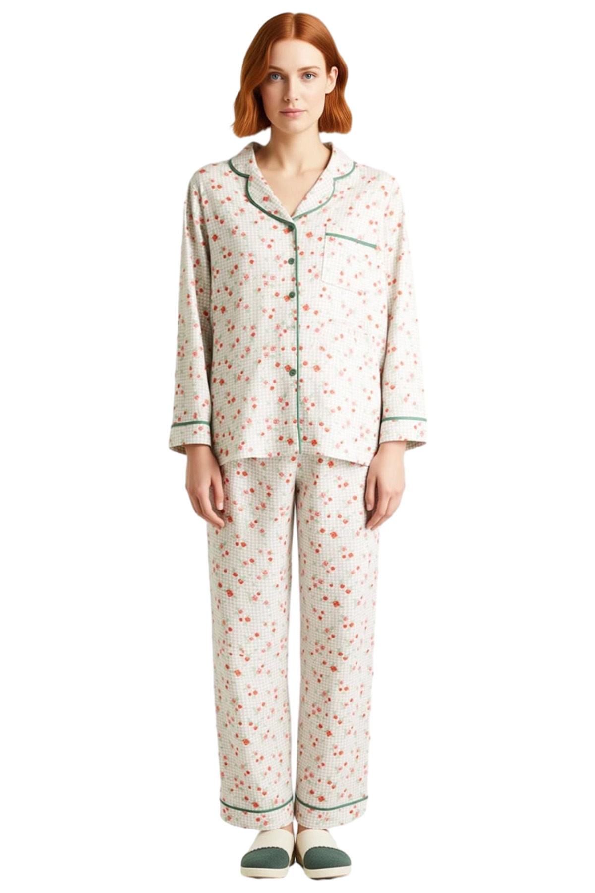 Kadın Çiçekli Gömlek Yaka Uzun Kollu Pijama Takımı Fonksiyonel Dayanıklı Kaliteli Konforlu