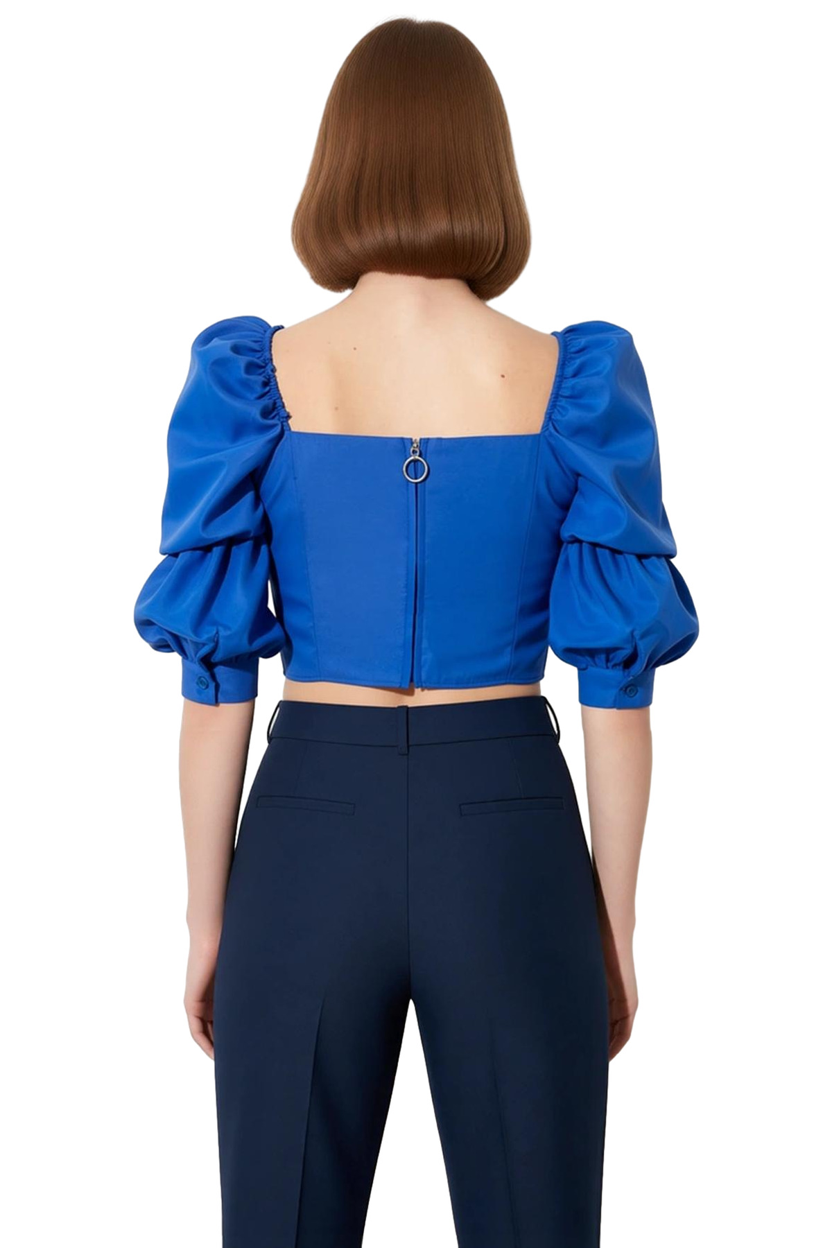 Kadın Fitted Kare Yaka Balon Kol Dokuma Bluz Yazlık Günlük Casual Kullanım İçin Feminine Tarz