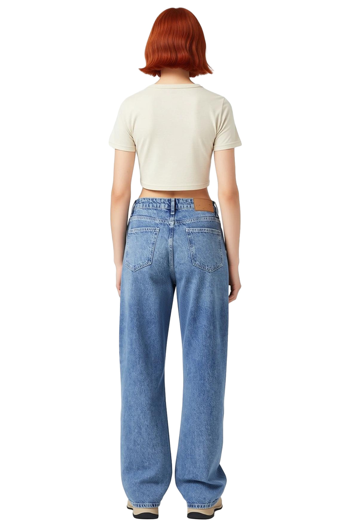 Kadın Yüksek Bel Geniş Paça Cep Detaylı Denim Pantolon Fonksiyonel Dayanıklı Kaliteli Spor