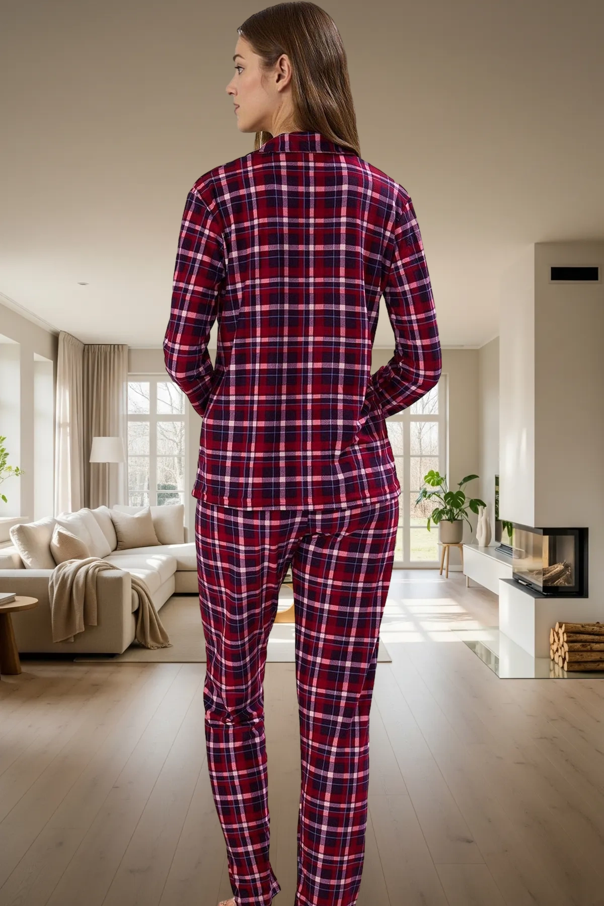 Kadin Kirmizi Ekose Gömlek Yaka Pijama Takımı Yumusak Dokulu Fonksiyonel Dayanıklı Estetik