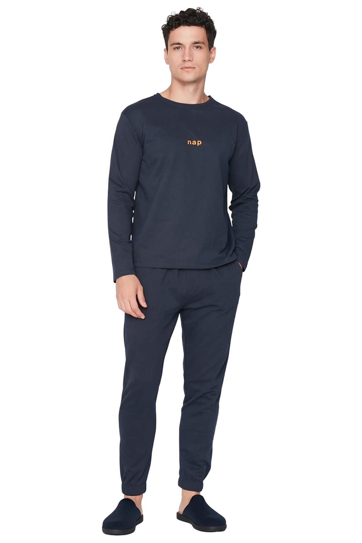 Erkek Bisiklet Yaka Baskılı Uzun Kollu Pijama Takımı Fonksiyonel Dayanıklı Kaliteli Modern