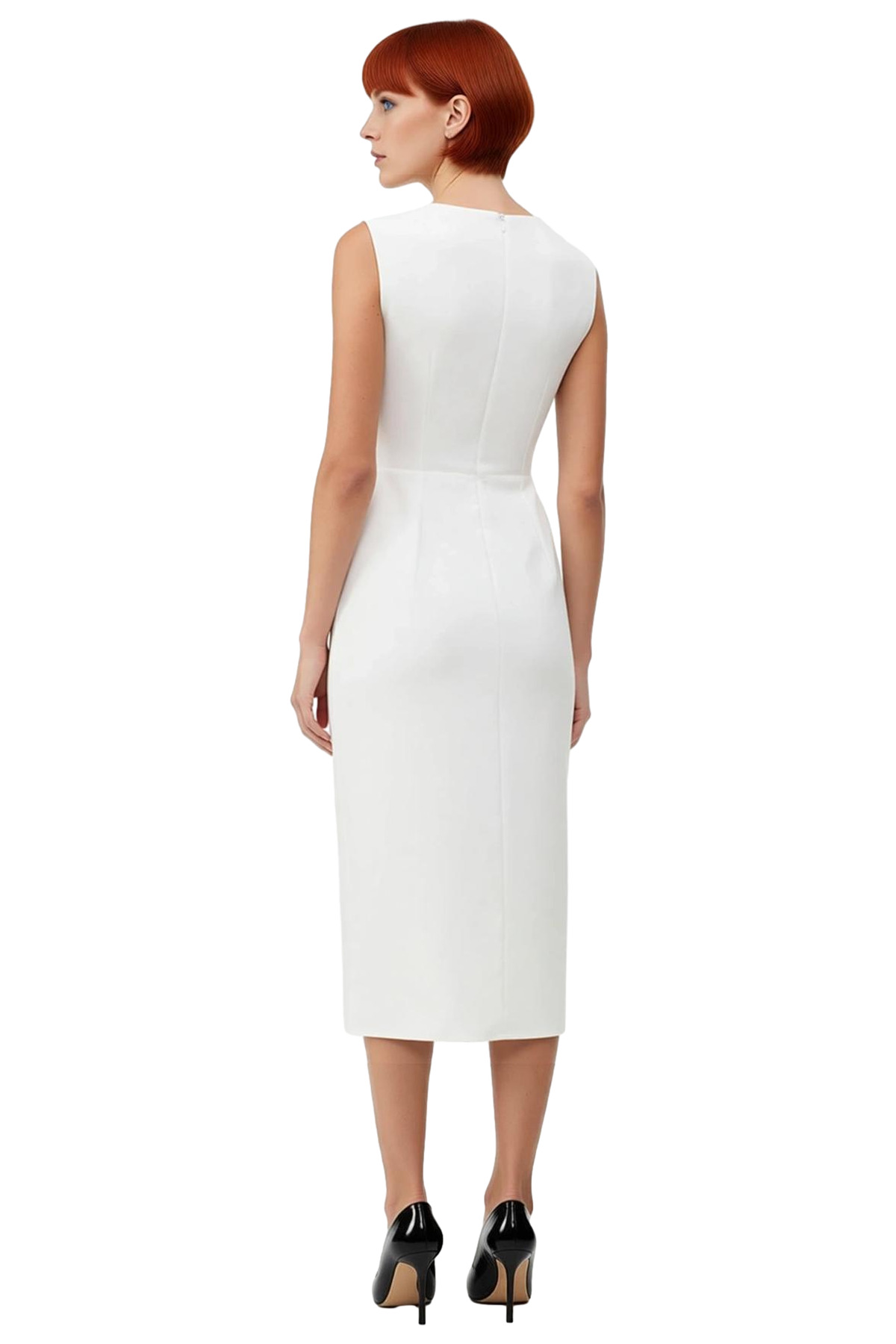 Kadın Bodycon Kesim Kolsuz V Yaka Kemerli Midi Elbise Aksesuar Detaylı Şık ve Modern Finike Dokuma