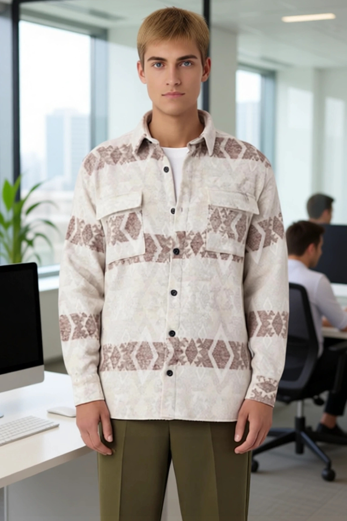 Unisex Regular Fit Dokuma Flanel Etnik Desenli Çift Cepli Uzun Kollu Oduncu Gömlek Ceket Şık