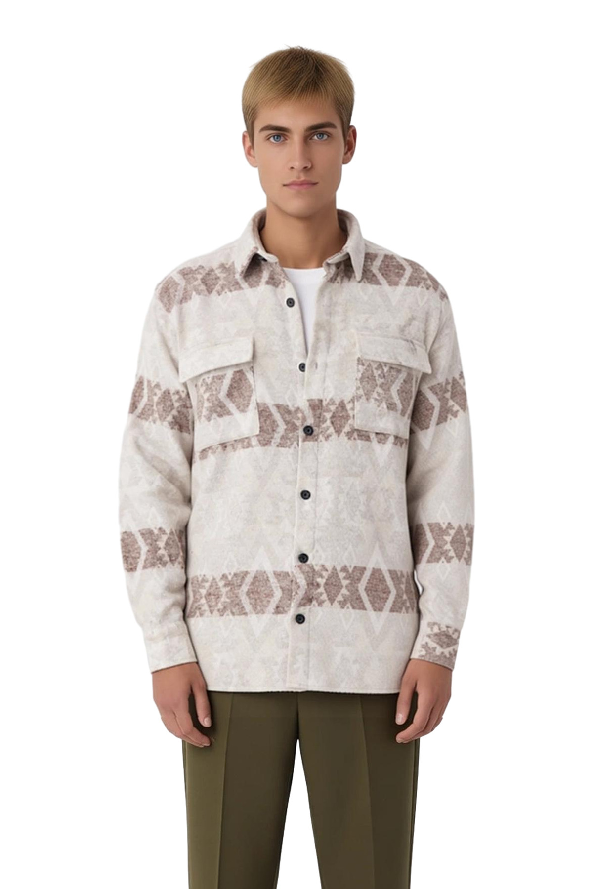 Unisex Regular Fit Dokuma Flanel Etnik Desenli Çift Cepli Uzun Kollu Oduncu Gömlek Ceket Şık