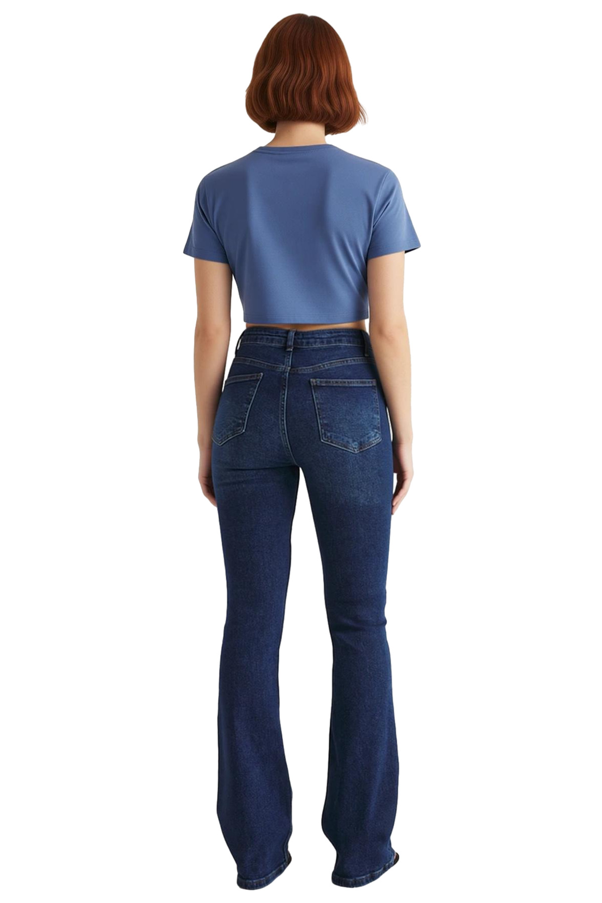 Kadın Koyu Yüksek Bel İspanyol Paça Denim Pantolon Fonksiyonel Dayanıklı Kaliteli Konforlu