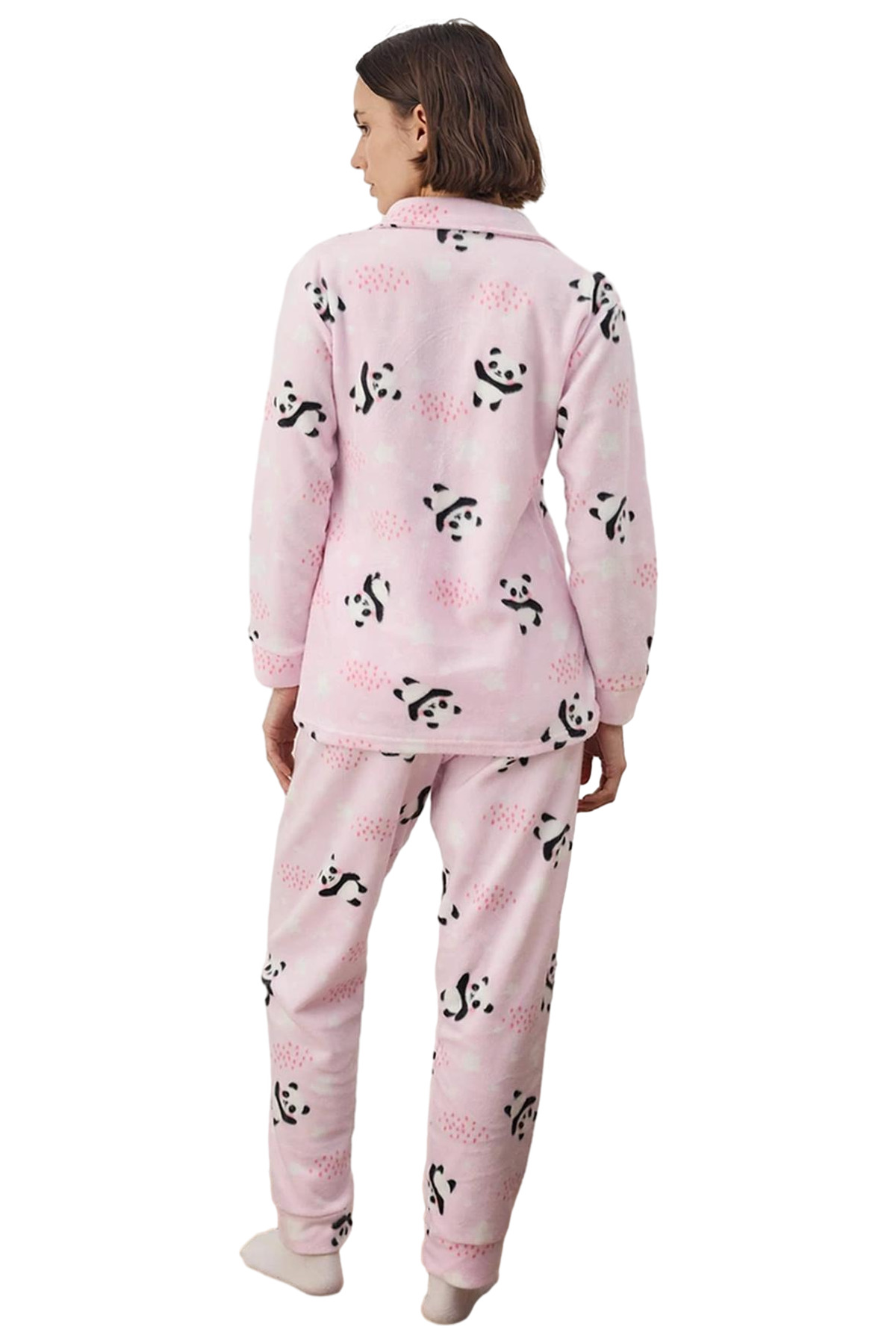 Kadın Polar Panda Desenli Gömlek Jogger Pijama Takımı Fonksiyonel Dayanıklı Kaliteli Rahat