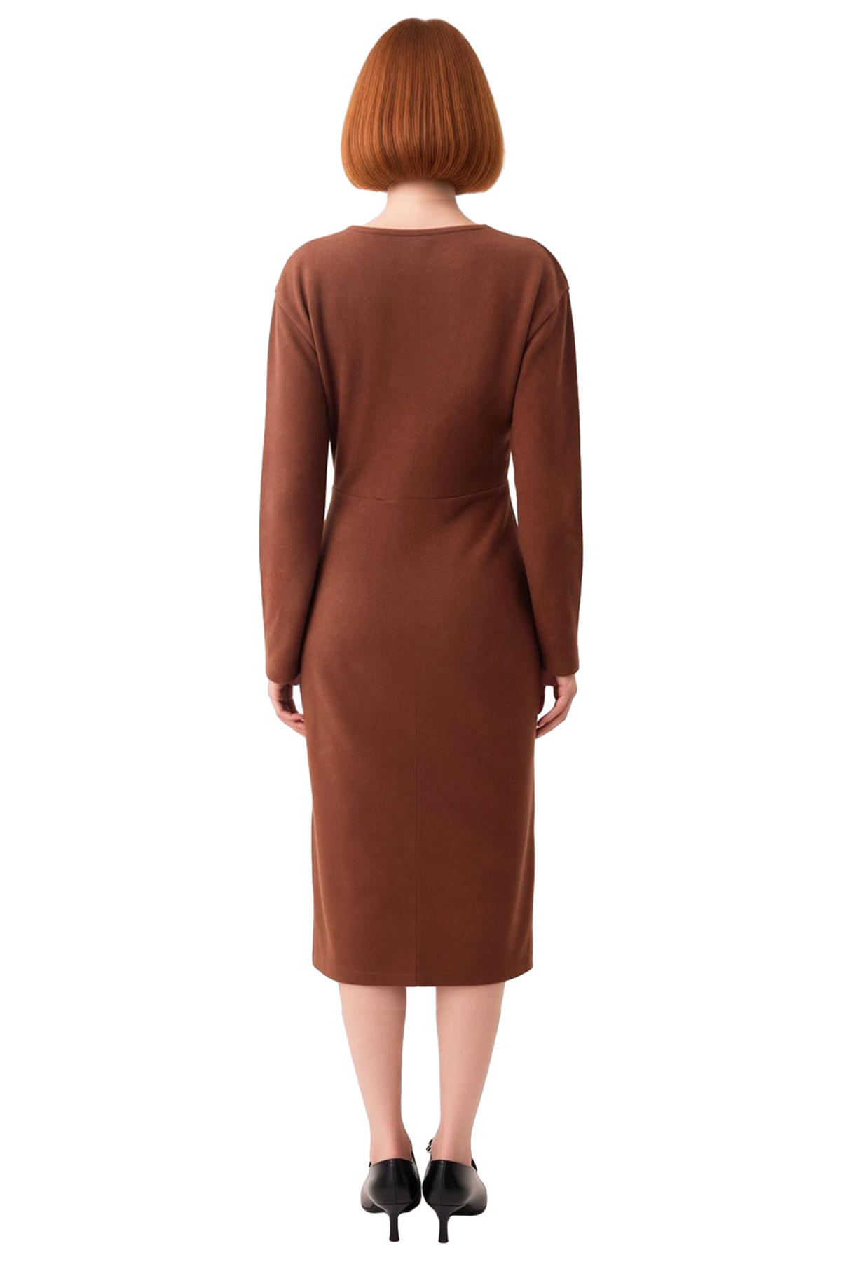 Kadın Kruvaze V Yaka Selanik Örme Bodycon Kışlık Midi Elbise Uzun Kollu Şık ve Konforlu Kaliteli