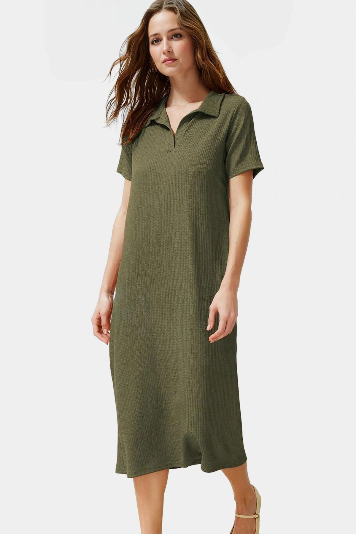 Kadın Örme Kısa Kollu Polo Yaka Midi Elbise Rahat Yazlık Günlük Stil Yaz Aylarının Vazgeçilmezi
