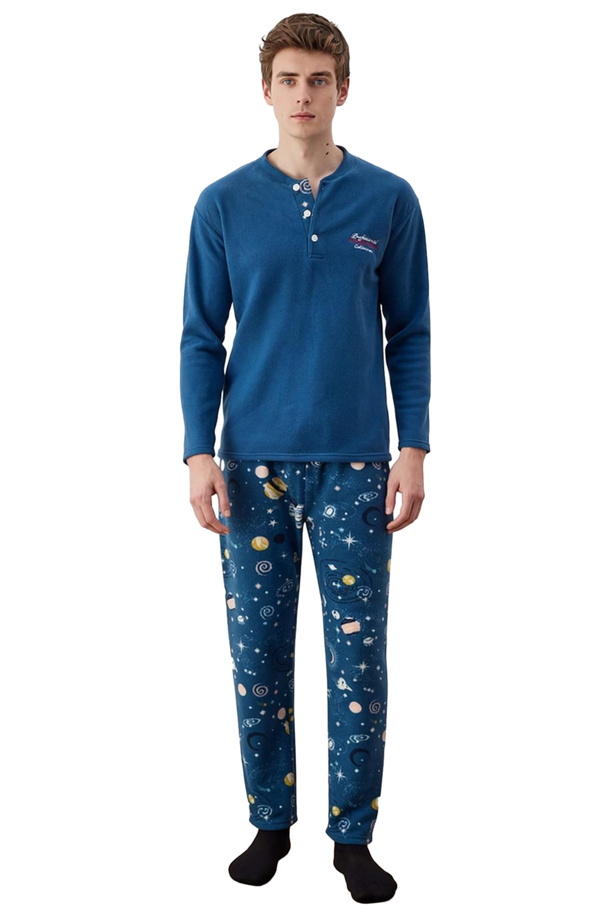 Erkek Polar Uzun Kollu Bisiklet Yaka Pijama Takımı Uzay Desenli Fonksiyonel Dayanıklı Spor