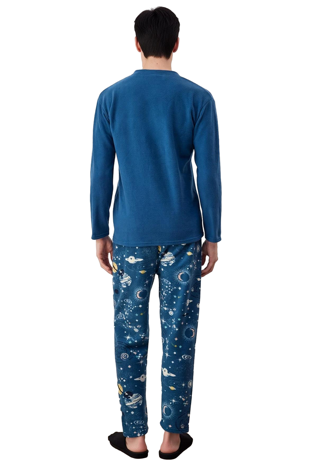 Erkek Polar Uzun Kollu Bisiklet Yaka Pijama Takımı Uzay Desenli Fonksiyonel Dayanıklı Spor