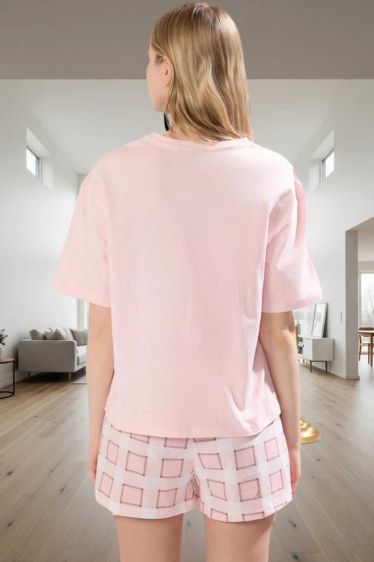 Kadın Pamuklu Bisiklet Yaka Kedi Baskılı Ekose Pijama Takımı Trend Tasarım Rahat Kullanım
