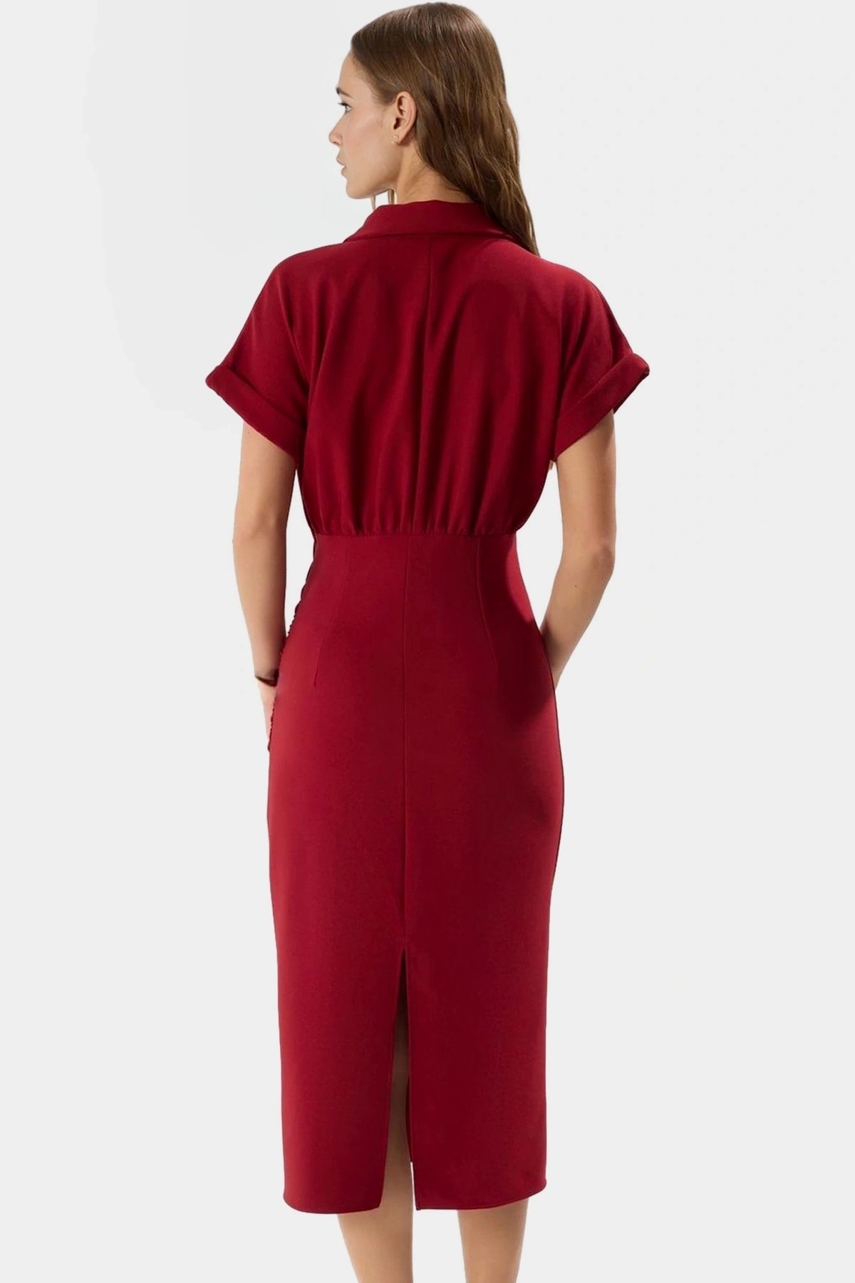 Kadın Midi Boy Bodycon Elbise Gömlek Yaka Kısa Kollu Finike Dokuma Günlük Ve İş Hafta Sonu